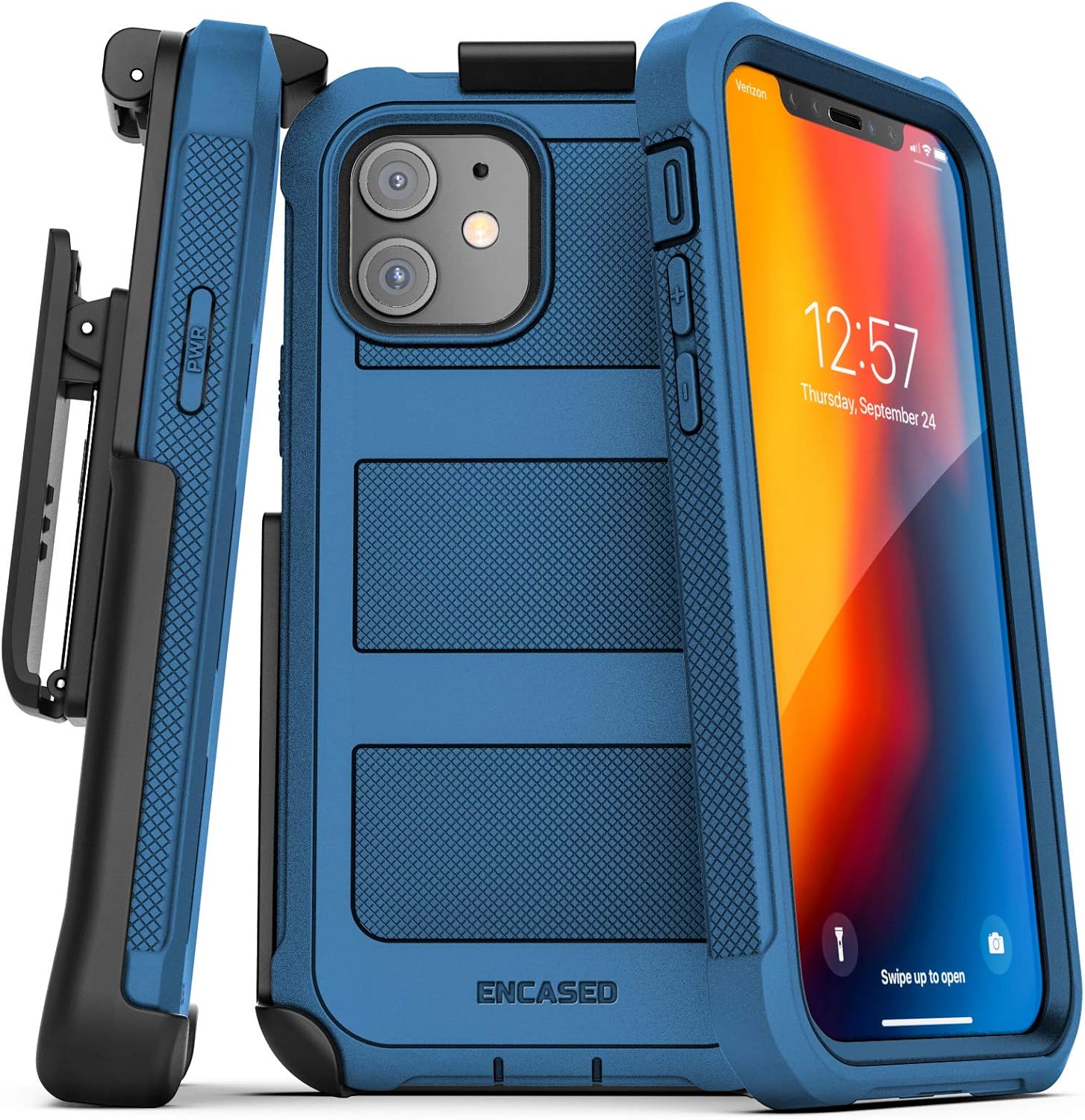 Encased Falcon Armor Compatible with iPhone 12 Case with Screen Protector and Belt Clip Protective Full Body Cover with Built-in Screen Guard and Holster - Blue