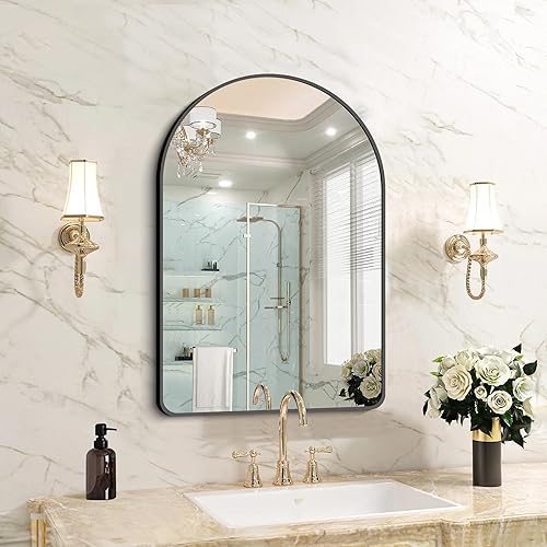 FORBATH Arched Wall Mirror, 30"x48" Bathroom Mirror Wall Mounted Modern Black Aluminum Alloy Frame Decor Large Dresser Mirror for Bedroom Living