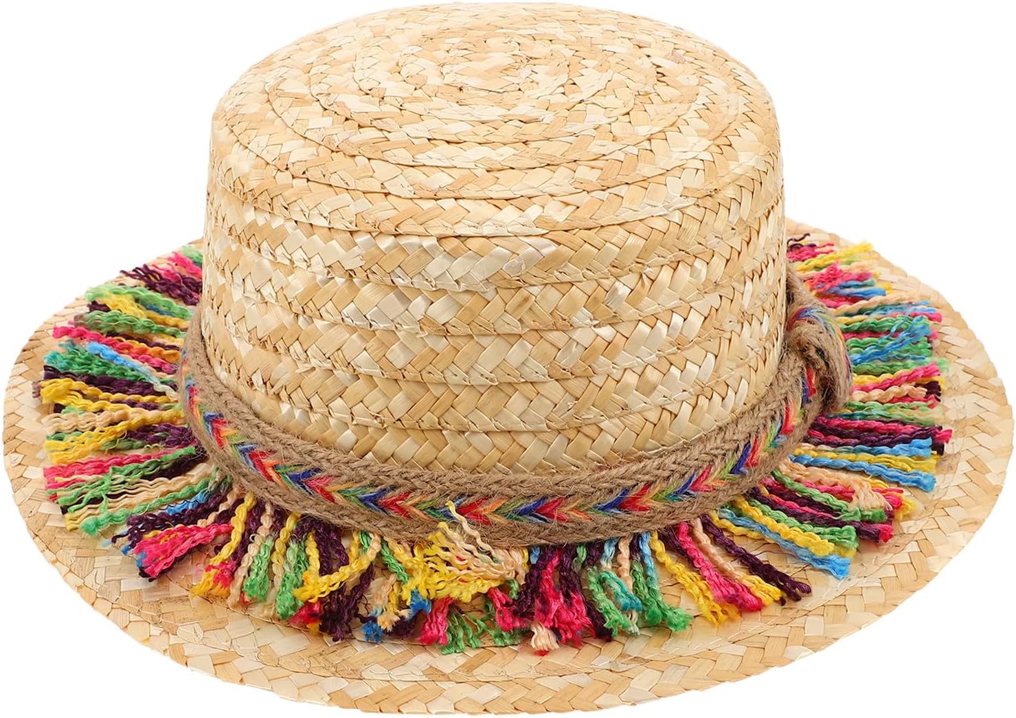 Beach Straw Hat for Summer Holiday, Colorful Tassel Sun Hat with Ribbon, Wide Brim Floppy Cap for Seaside Vacation, Soft Khaki, Kid Size 52-54cm