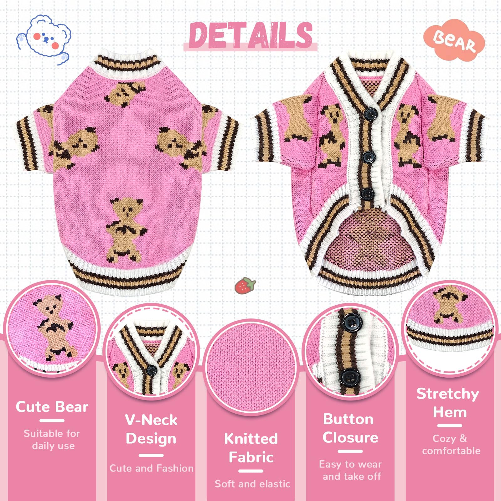 ABRRLO Small Dog Jumpers Cute Bear Dog Cardigan Sweater for Small Dogs Boy Girl Puppy Cat Knitting Cardigan Outfits Doggy Winter Coats Warm Pet Dogs Clothes Soft Knitwear (Pink - Image 3