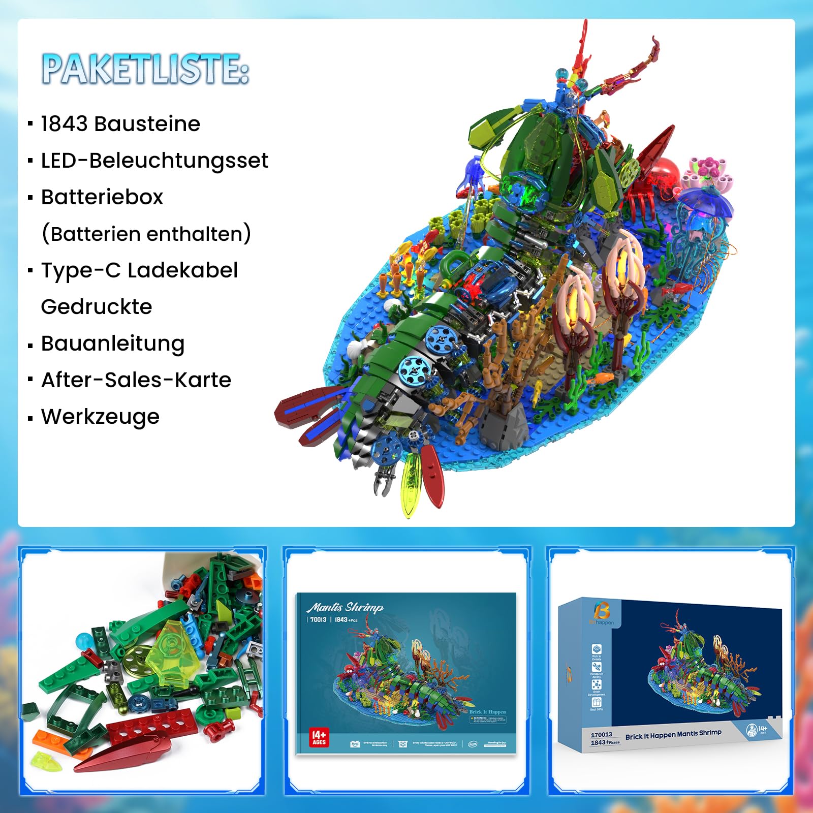 Mechanische Gottesanbeterin Garnele Bausteine Set,Meerestiere Bauspielzeug mit Miniatur Unterwasserlandschaft und LED Beleuchtung,DIY Modellbausatz für Erwachsene und Jugendliche（1843 Stück）