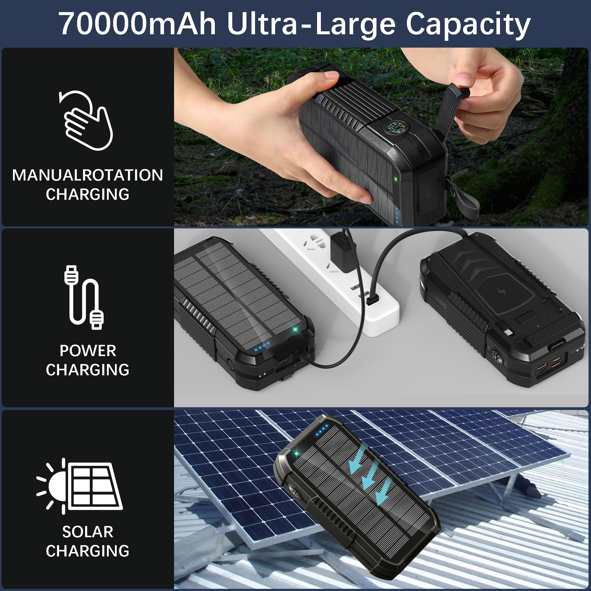 Batería externa inalámbrica solar de 70000 mAh integrada en 2 cables y manivela, cargador portátil de 30 W, cargador rápido, 6 salidas y 4 entradas, batería externa con linterna brillante