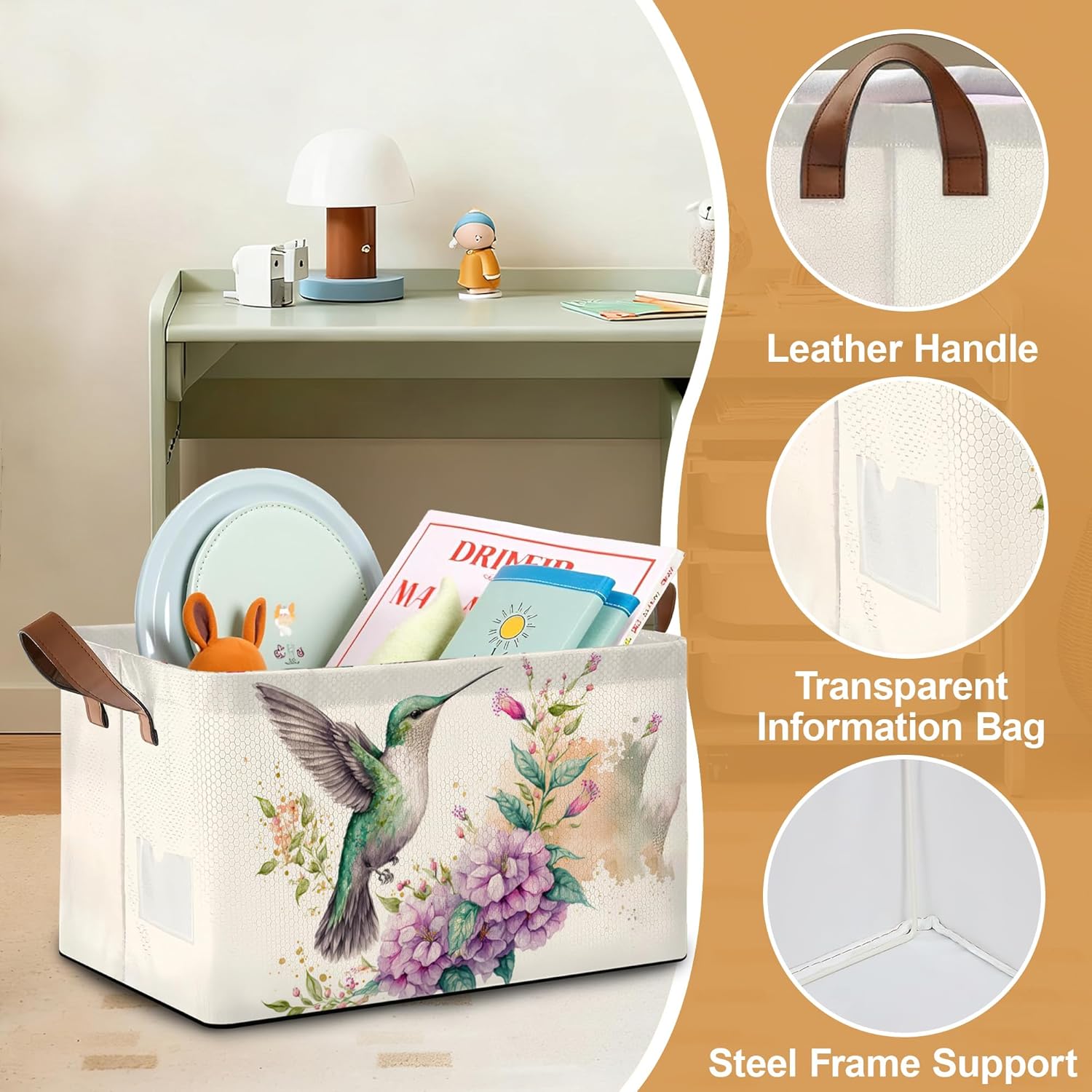 Storage Bins with Handles, Foldable Oxford Fabric Storage Basket, Hummingbird Flower Sturdy Frame Organizer for Closet Shelves Bedroom Laundry Room Toy Storage