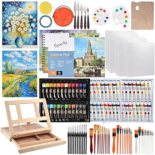 140-Piece All-in-One Painting Kit with Tabletop Wood Easel Box, 72-Color Acrylic Watercolor Oil Paint Set, Canvases, 41 Paintbrushes & Art Supplies for Adults, Artists & Beginners - With Easel