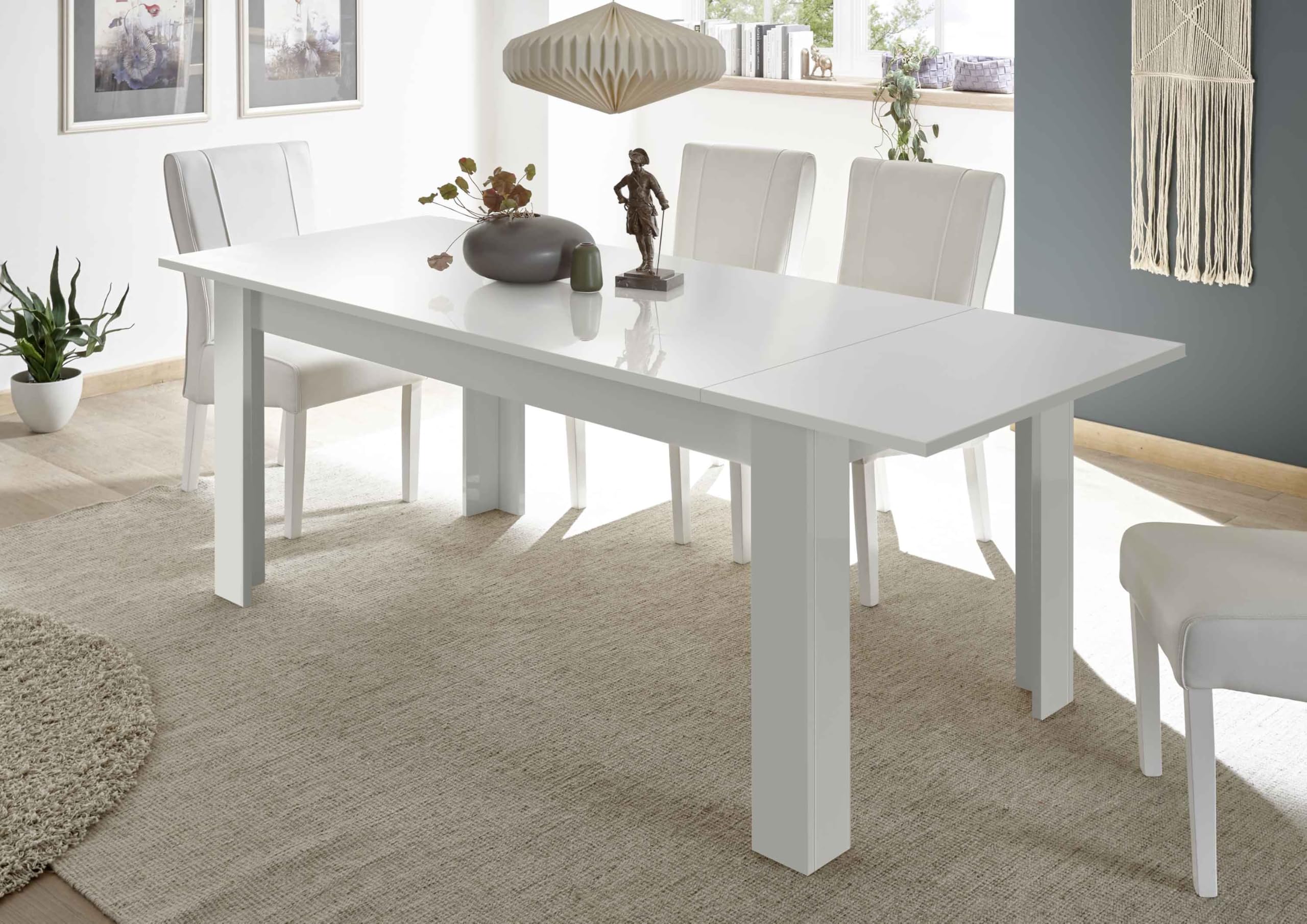 AVANTI TRENDSTORE - Pomarance - Tavolo per sala da pranzo allungabile in legno laminato nel colore bianco lucido, allungabile +48 cm. Dimensioni LAP ca. 137-185x79x90cm