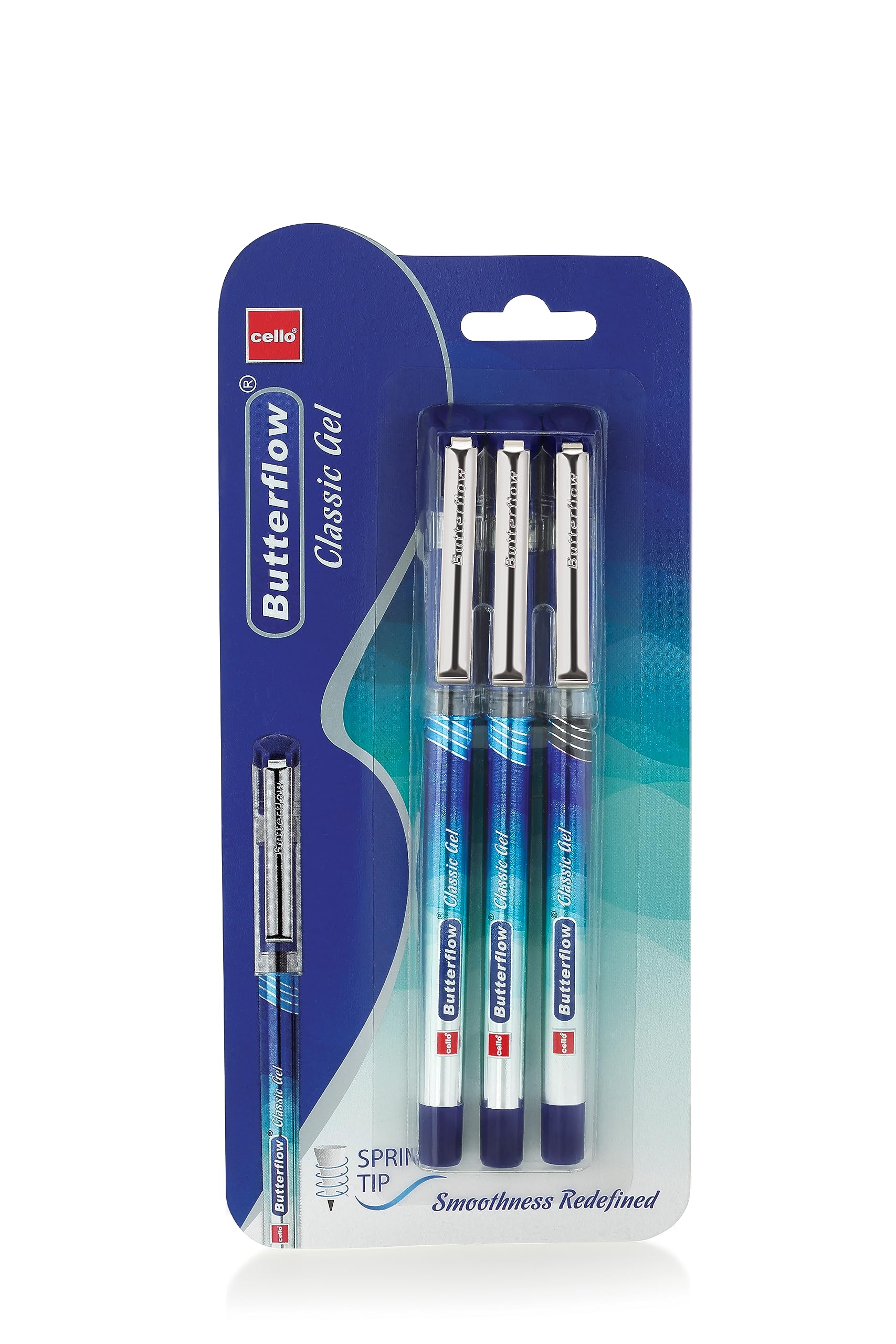 CelloButterflow Classic Gel Pen Set | 3 Pack Gel Pens | 2 Blue & 1 Black Ink | Spring Tip | Smooth Writing | For School & Office