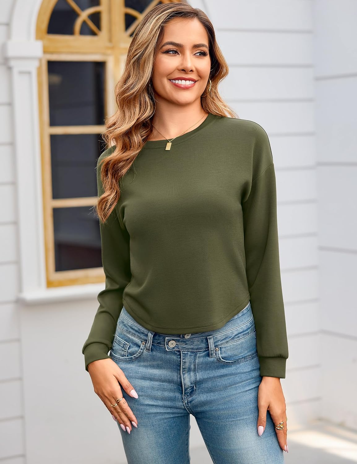 Totatuit Women Casual Long Sleeve Crop Tshirts Crewneck Loose Cropped Tee Basic Plain Fall Sweatshirts Drop Shoulder Army Green Medium - Image 5
