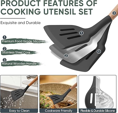 Miniatura 3 de Herogo Juego de utensilios de cocina de 5 piezas, juego de utensilios de cocina de silicona con mango de madera, herramientas de cocina resistentes