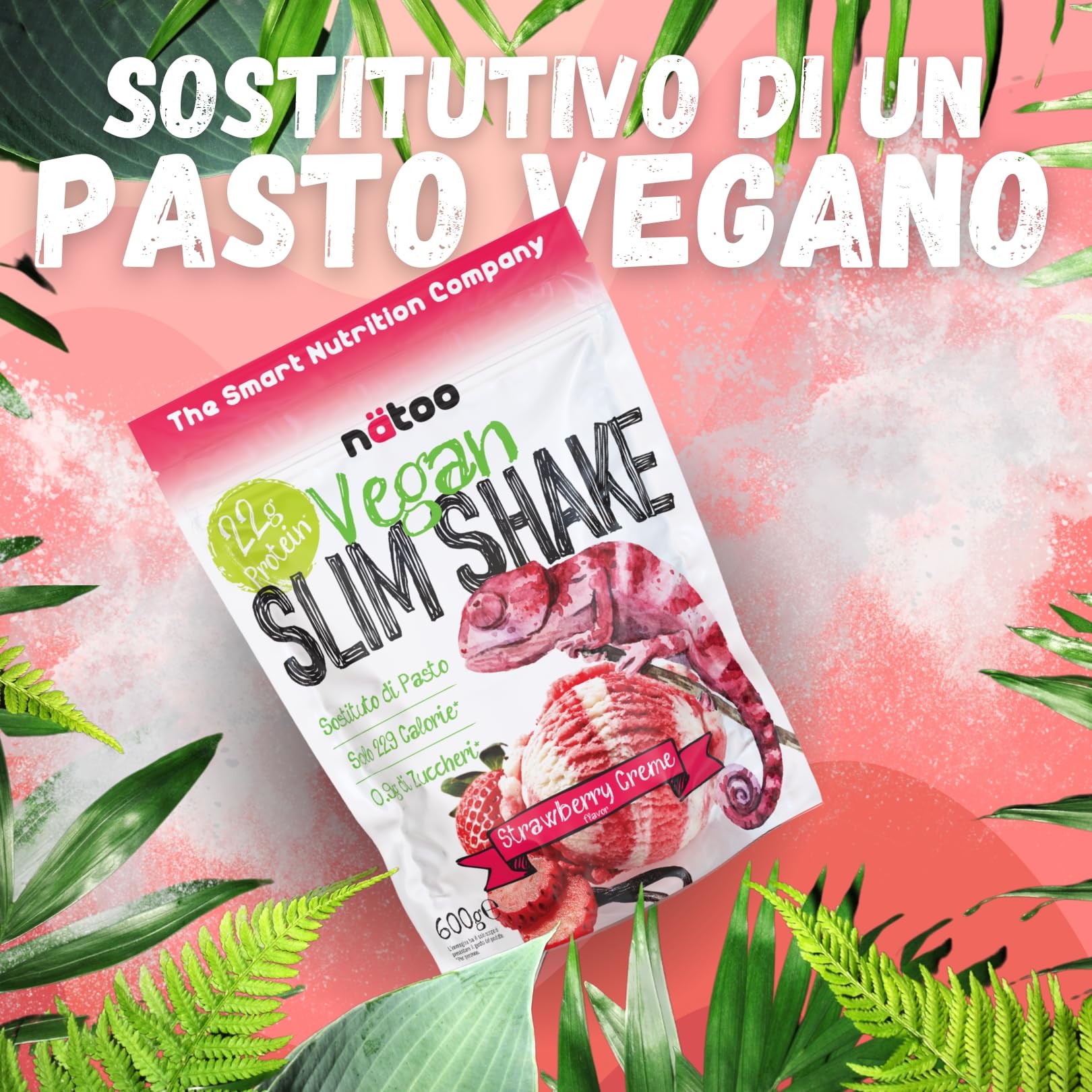 NÄTOO Pasto Sostitutivo Vegan Slim Shake Proteico - Sostituto di pasto completo per il controllo del peso a base di proteine vegetali con 27 minerali e vitamine - 600gr. (10 porzioni) (Fragola)