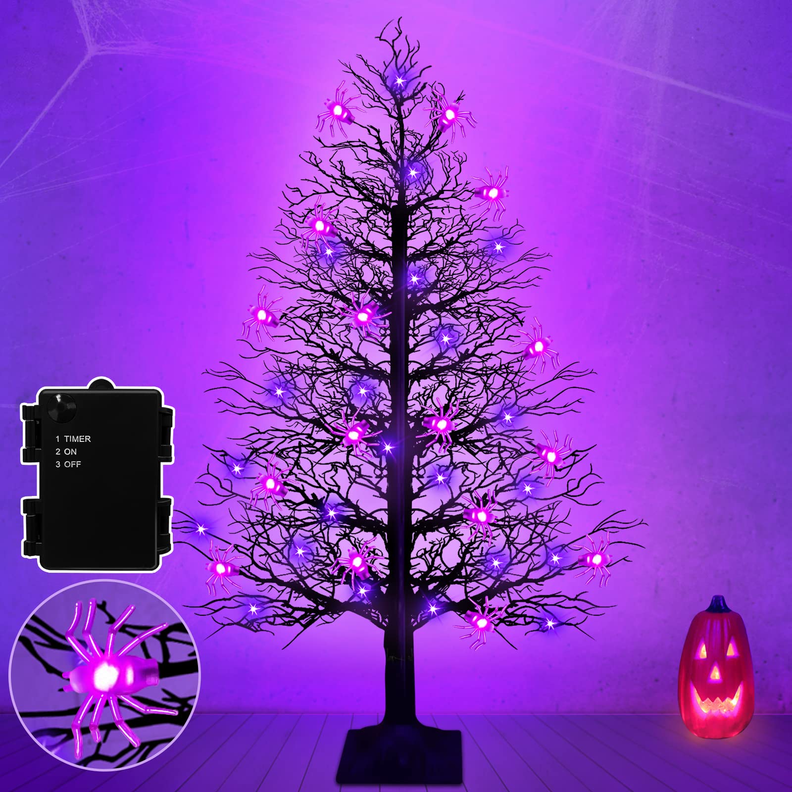 4 Ft 70 LED Black Halloween Tree Decor with Timer 16 DIY Spiders Purple Lights Waterproof Battery Box Artificial Spooky Lighted Tree Halloween Decorations Outdoor Indoor Home Yard Garden (4 Stakes)