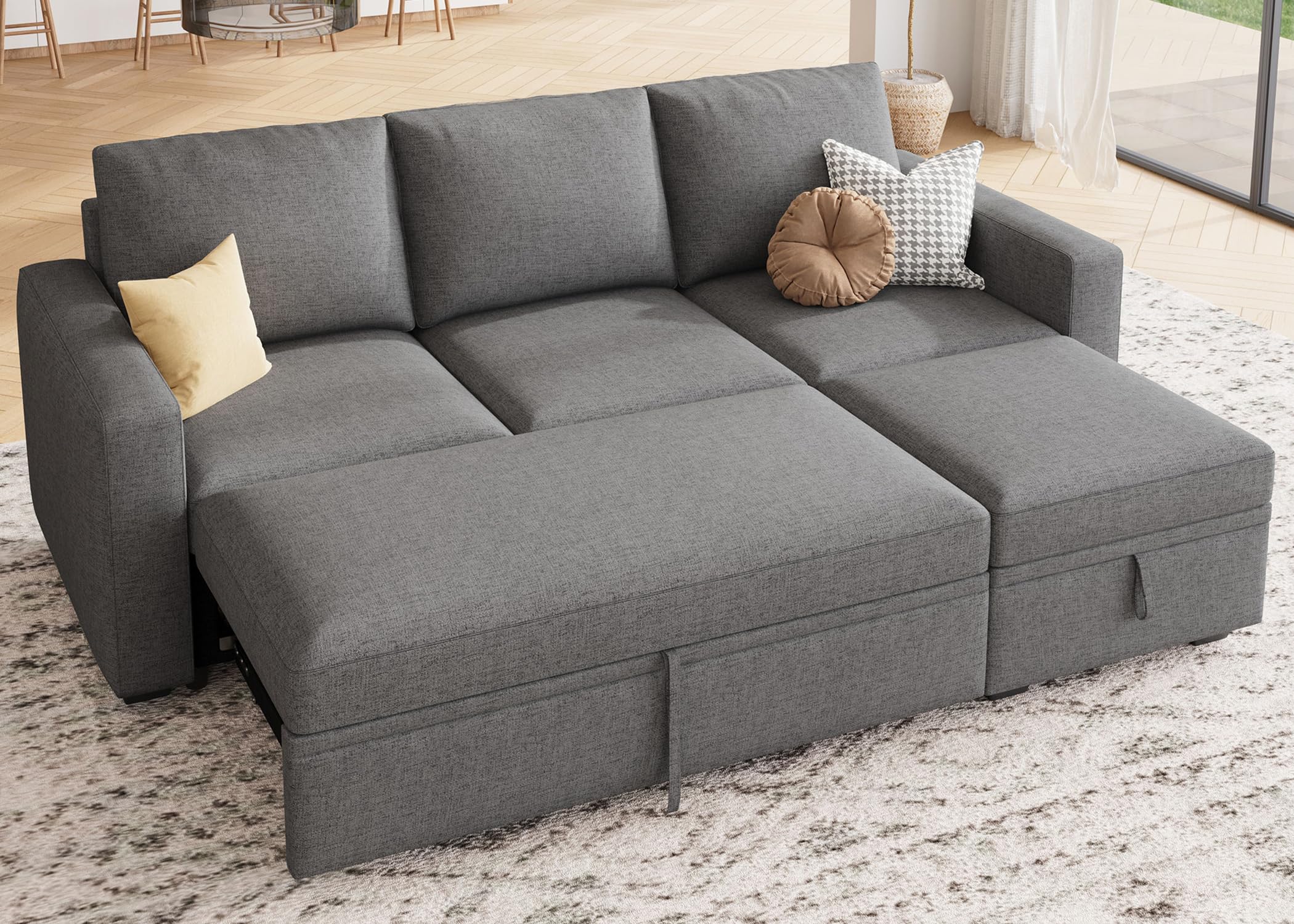 HONBAY Modular Sectional Sleeper Sofa with Pull Out Bed, L Shaped Couch with Storage Seat, Convertible Sectional Couches for Living Room, Beige — view 20