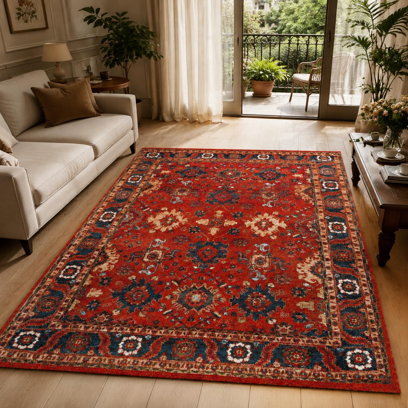 Tapis Poils Courts, 80 x 150 cm, Rouge Oriental Bleu Beige, Tapis Intérieur Salon Chambre Cuisine, Extérieur Balcon Terrasse,