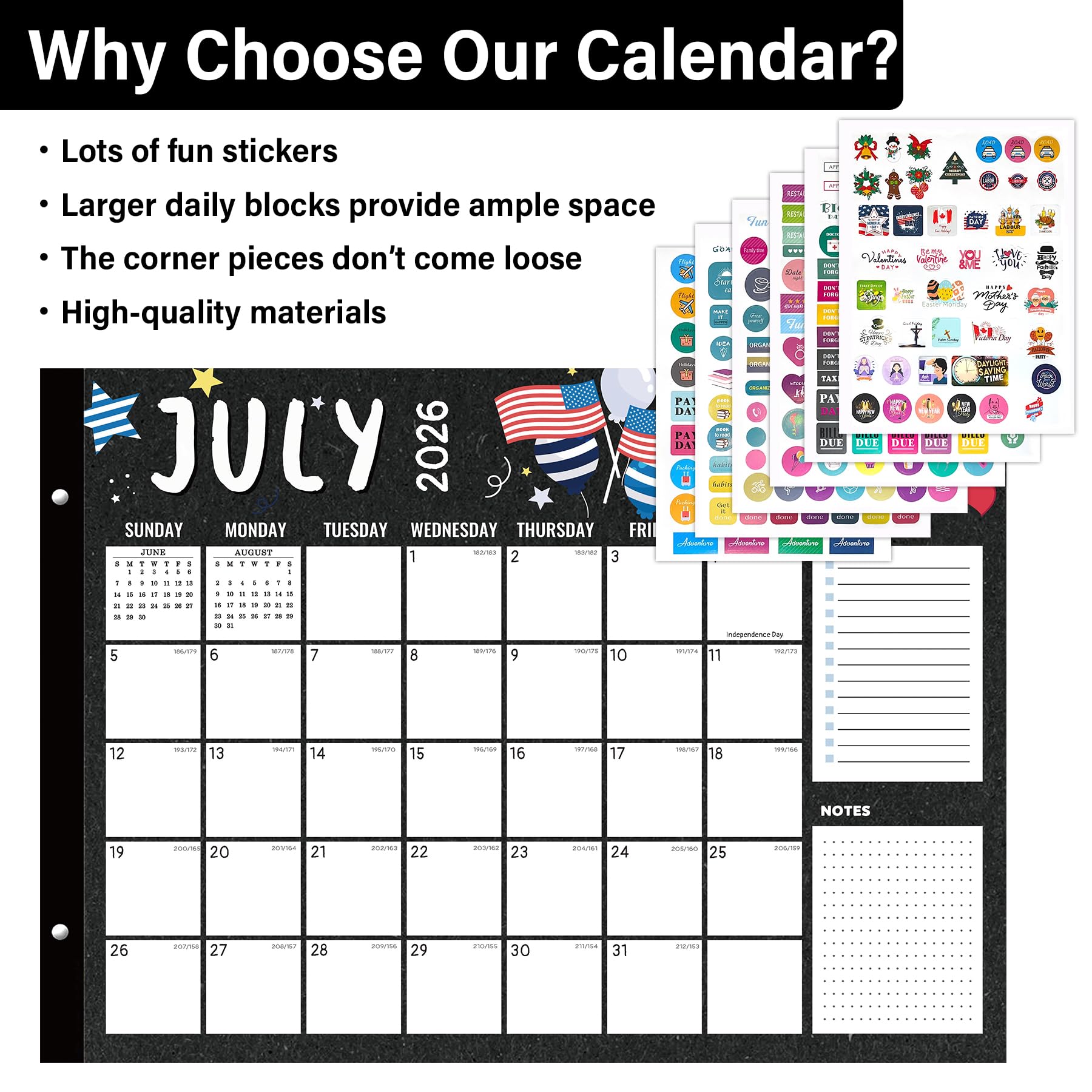Calendrier de bureau 2026-2027, mensuel, sous-main, 18 mois, de janvier 2026 à juin 2027, extra large, 55,9 x 43,2 cm, motifs saisonniers colorés, autocollants inclus (noir (juillet 2026))