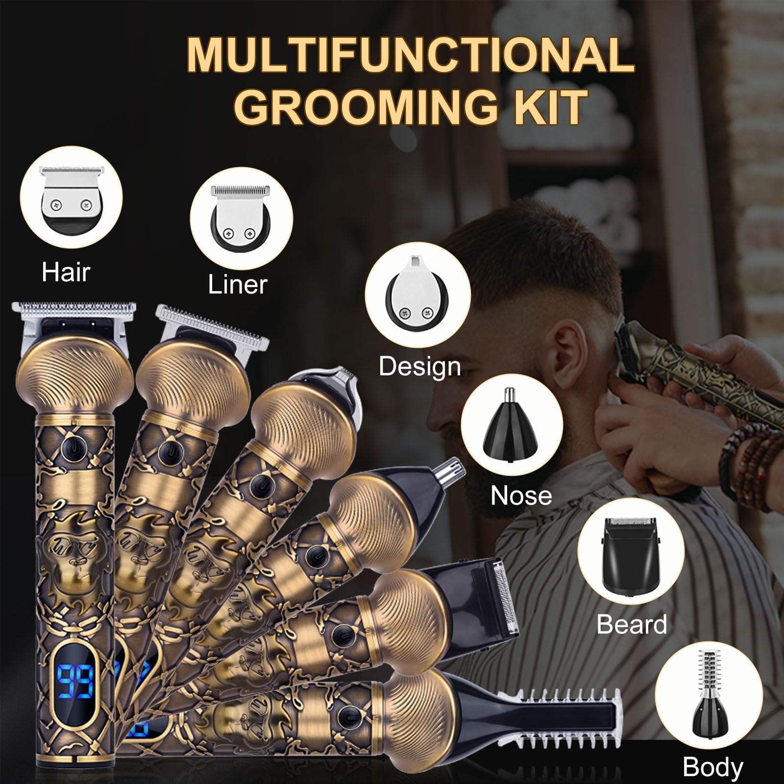 Tondeuse Barbe homme, Tondeuse Cheveux hommes Sans Fil, Rechargeable Tondeuse Courte à Lame en T, Rasoir Electriques Kit Multi-Usage Tailler/Contour/Nez/Corps, Idee Cadeau Homme [Idéale Famille]