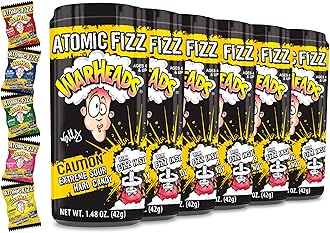 WARHEADS Atomic Fizz - Extreme Sour Fizzing Hard Candy - Sour Apple, Black Cherry, Blue Raspberry, Lemon & Watermelon Flavors - 1.48 oz Canisters - 6 Pack