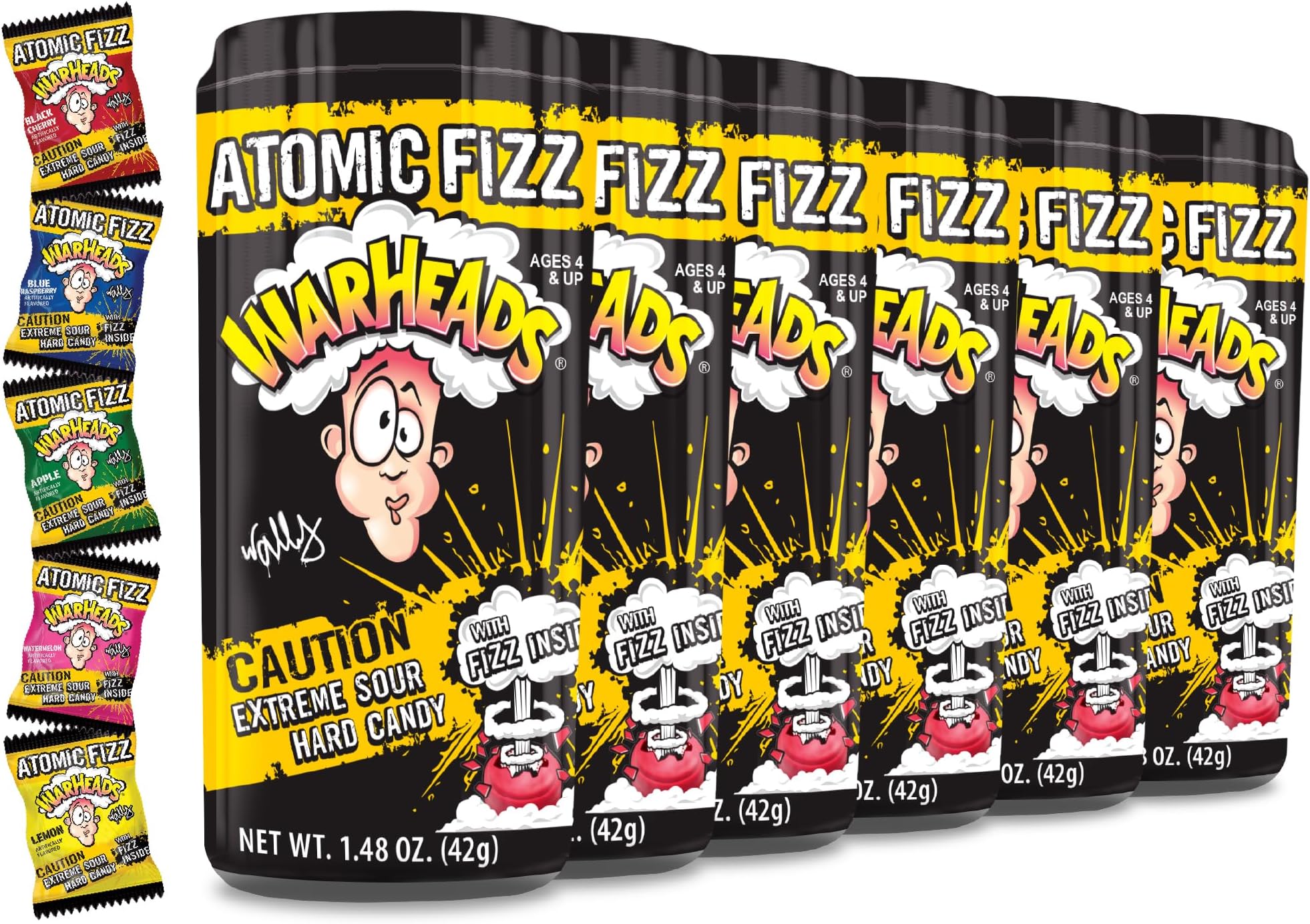 Atomic Fizz - Extreme Sour Fizzing Hard Candy - Sour Apple, Black Cherry, Blue Raspberry, Lemon & Watermelon Flavors - 1.48 oz Canisters - 6 Pack