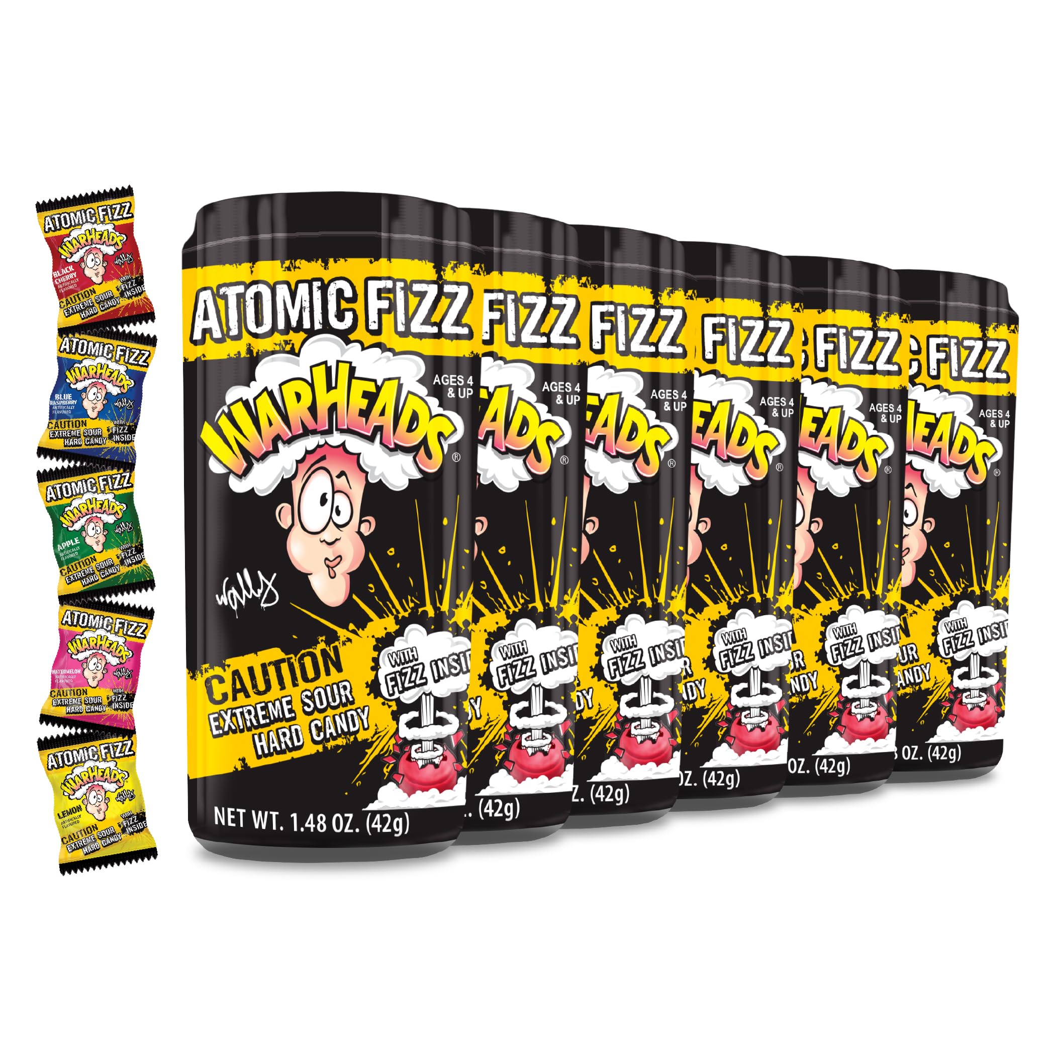 WARHEADS Atomic Fizz - Extreme Sour Fizzing Hard Candy - Sour Apple, Black Cherry, Blue Raspberry, Lemon & Watermelon Flavors - 1.48 oz Canisters - 6 Pack