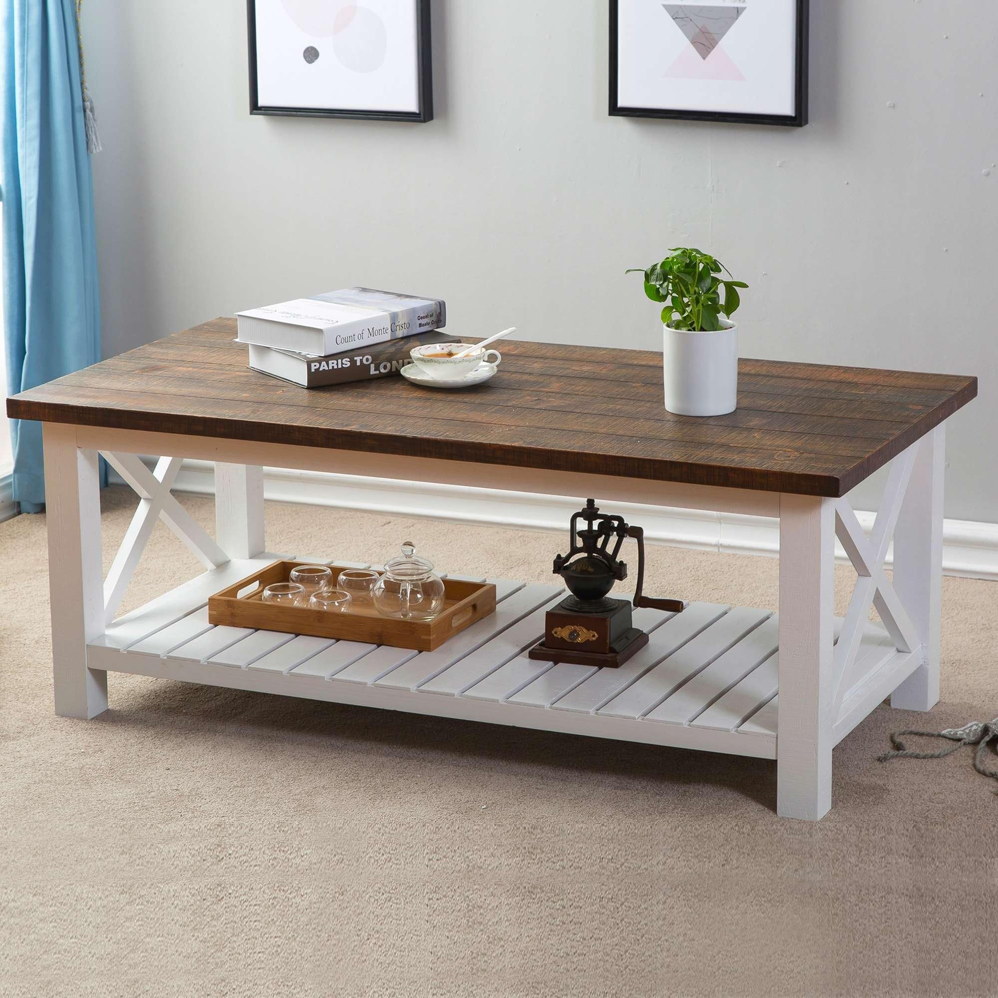 FurniChoi Wood Rustic Coffee Table, Farmhouse Vintage Cocktail Table with Shelf for Living Room，White and Brown