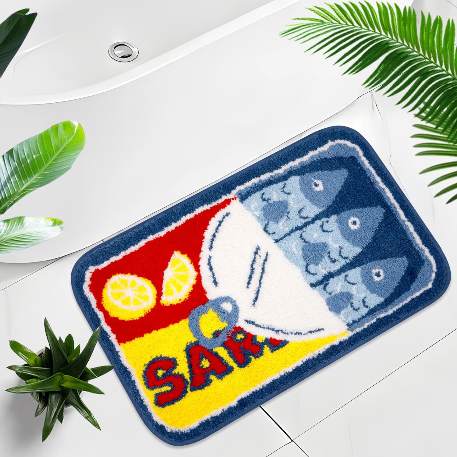 Black Cat Bath Rugs for Bathroom,Sardine Can Bath Rug,Funny Non-Slip Blue Mat with Quirky Design Rugs for Bathroom Shower Bedroom,30x18 Inch