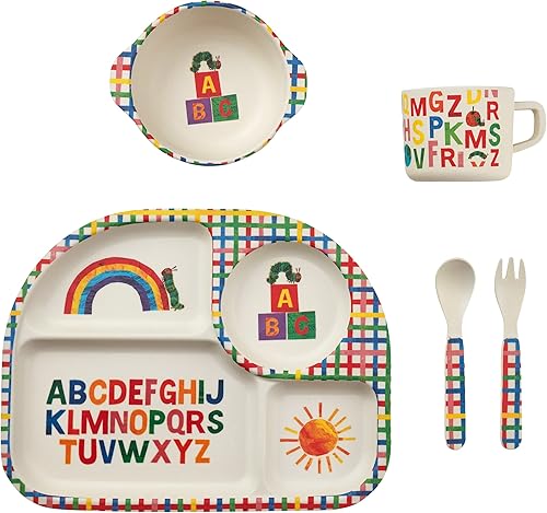 Funkins Juego de platos de bambú, platos de bambú ecológicos para niños y niños pequeños, incluye plato dividido, cuenco, taza, tenedor y cuchara,