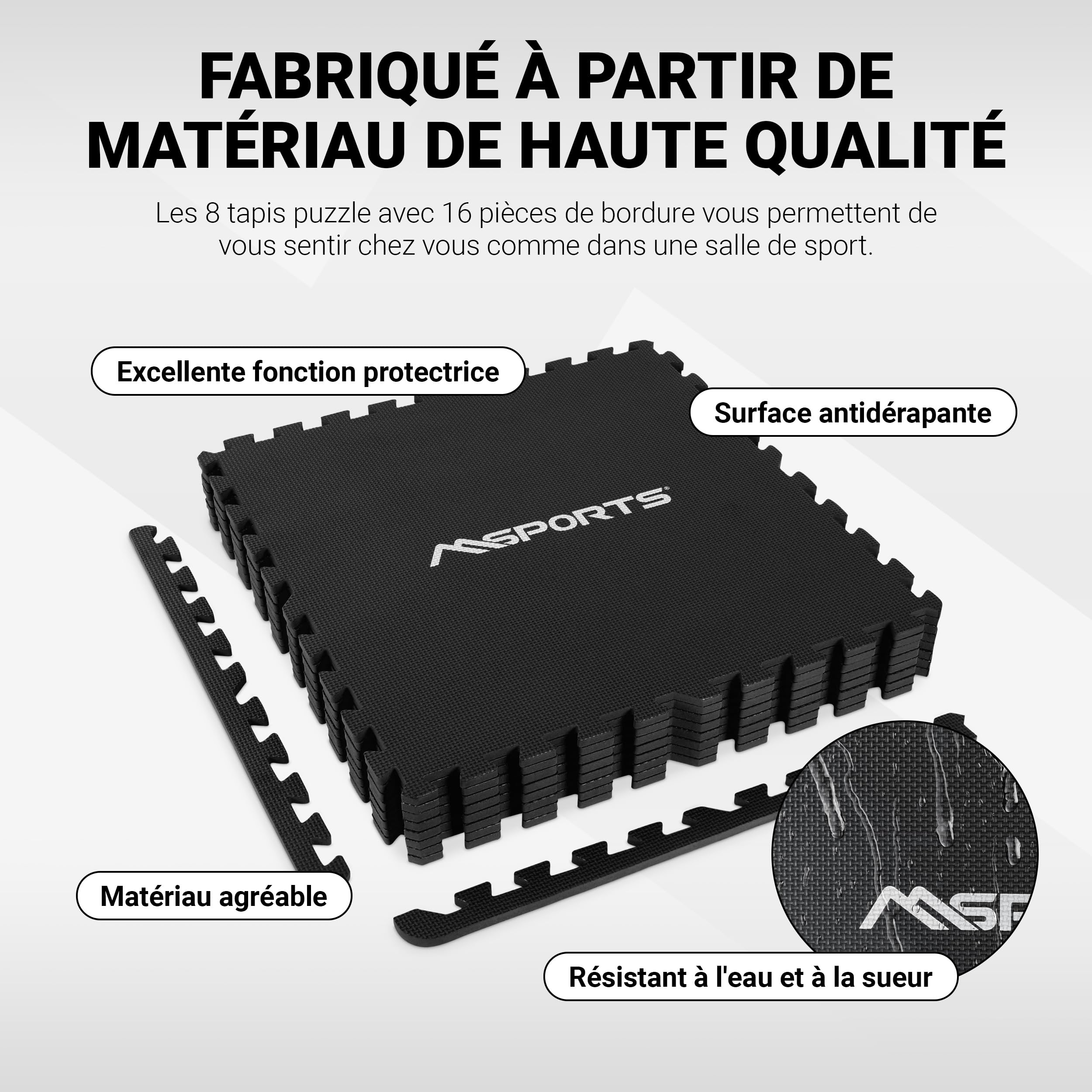 Set de tapis de protection de sol Premium – 8 tapis de protection de différentes couleurs 3,175 M² | Protection de sol 60 x 60 cm | Épaisseur  :1 cm | Tapis puzzle tapis de gymnastique, Noir