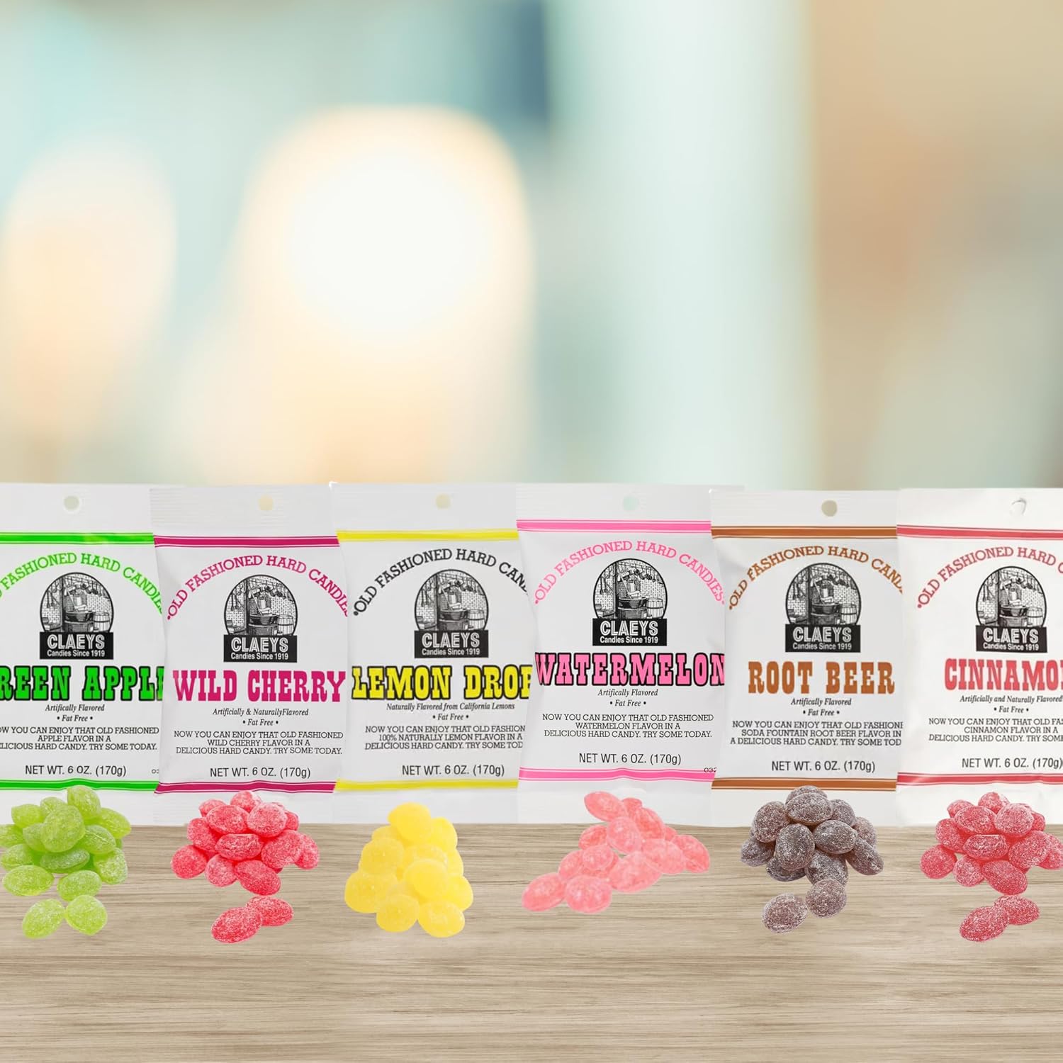 Claeys Old Fashioned Hard Candy - Variety 6 Pack - Green Apple, Wild Cherry, Lemon Drops, Watermelon, Root Beer and Cinnamon - Since 1919