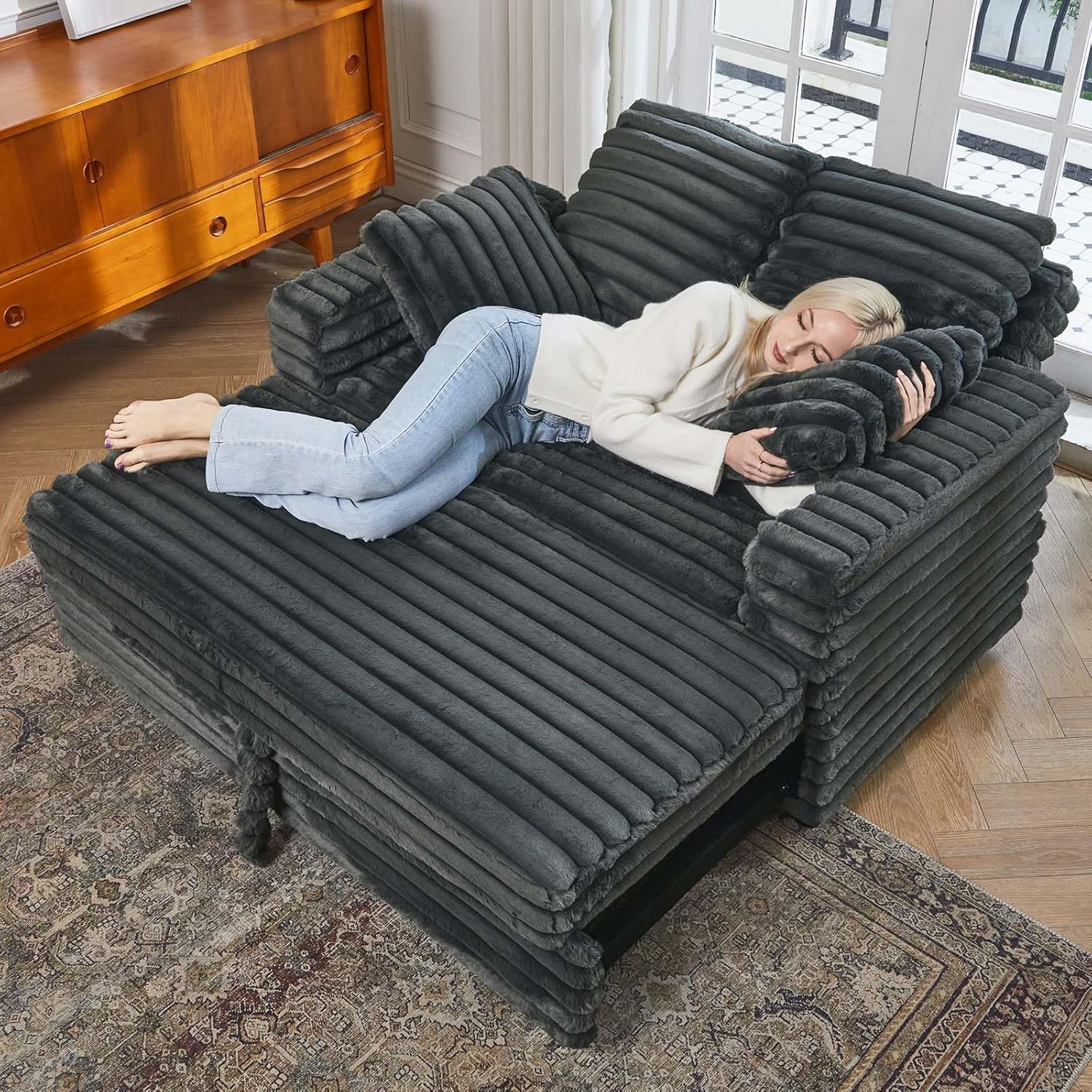 Belffin Upholstered Chaise Lounge Pull Out Sofa Bed with Pillows Couch Bed Sofa Pull Out Couch Sleeper Chair for Living Room Plush Corduroy (Grey)