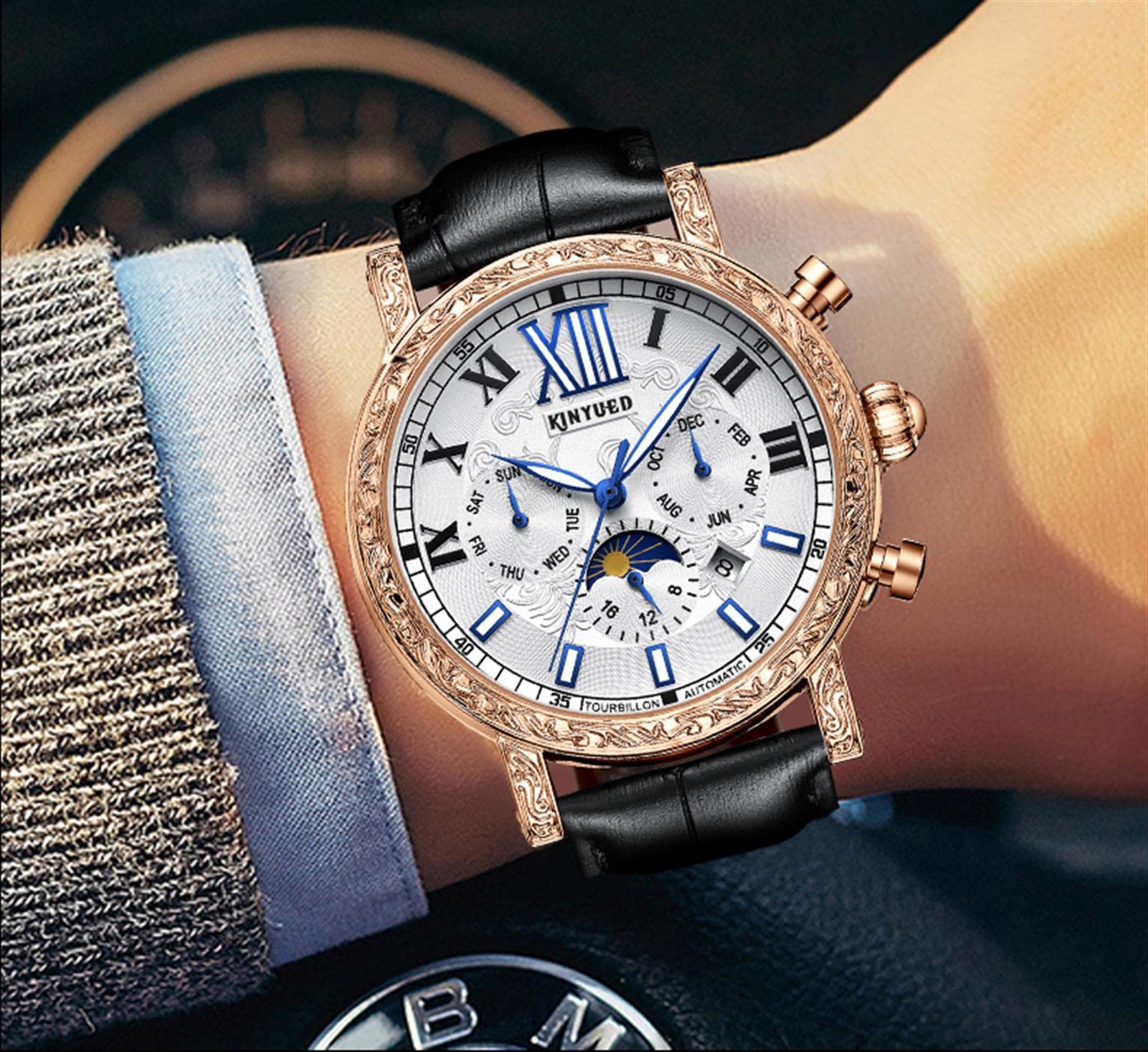 Reloj para Hombre,Mecánico Automático Relojes,Dial Esqueleto Correa De Piel,Auto Cuerda con Función De Semana,Deportivo Diseñador Casual Negocio