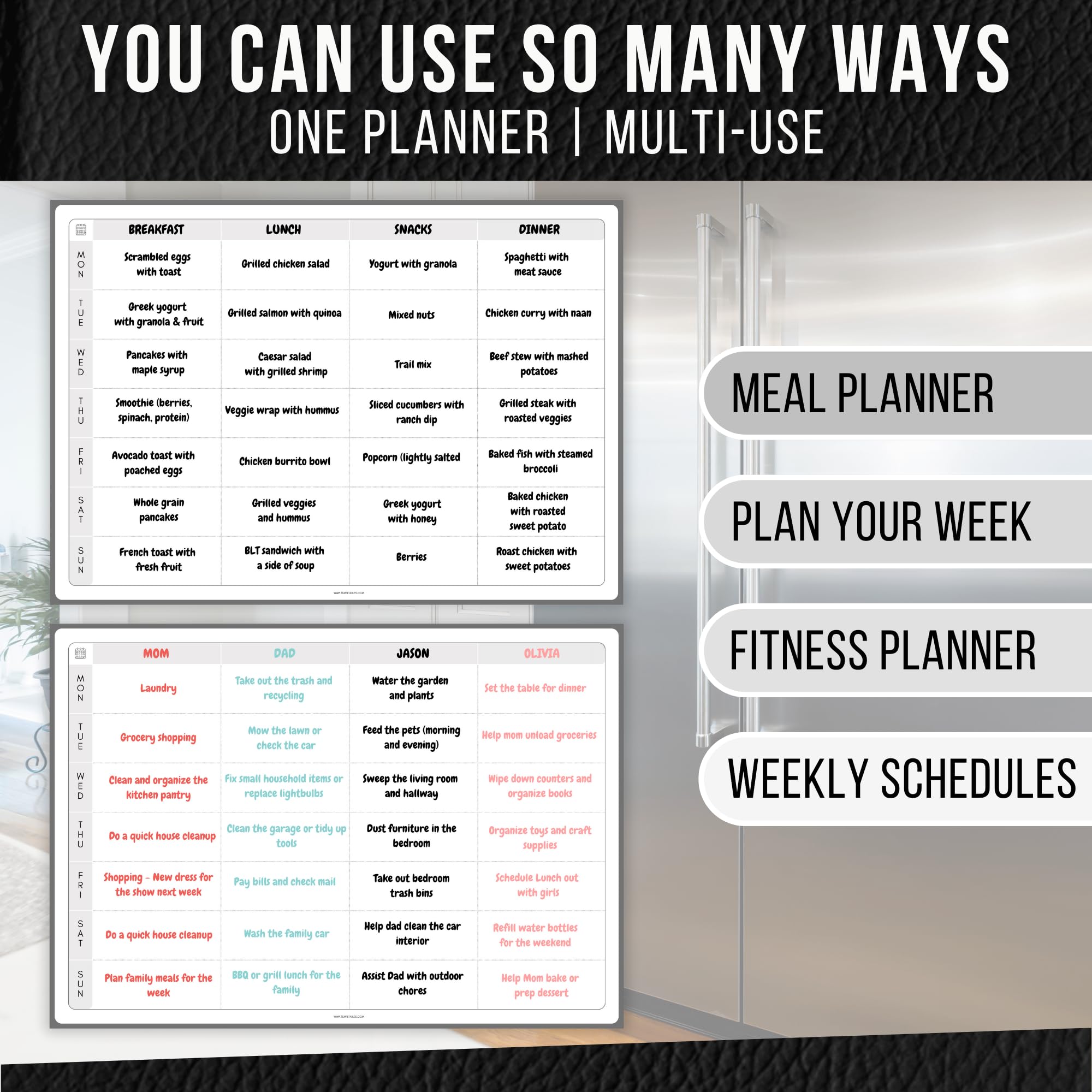 Magnetic A3 All-in-One Planner for Fridge | Weekly Meal, Fitness & Schedule Organizer | Dry Erase Whiteboard | Reusable Family Planner | Full Magnetic Backing | Includes Black Dry Wipe Pen (Mono) - Image 3