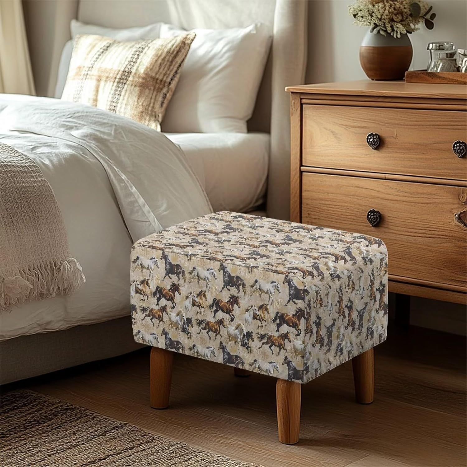 Horse Print Ottoman Cover Slipcover Rectangle Fit Footrest Sofa Slipcovers Stool Cover Footstool Protector Covers Feature Stretch Thick Soft Fabric Washable