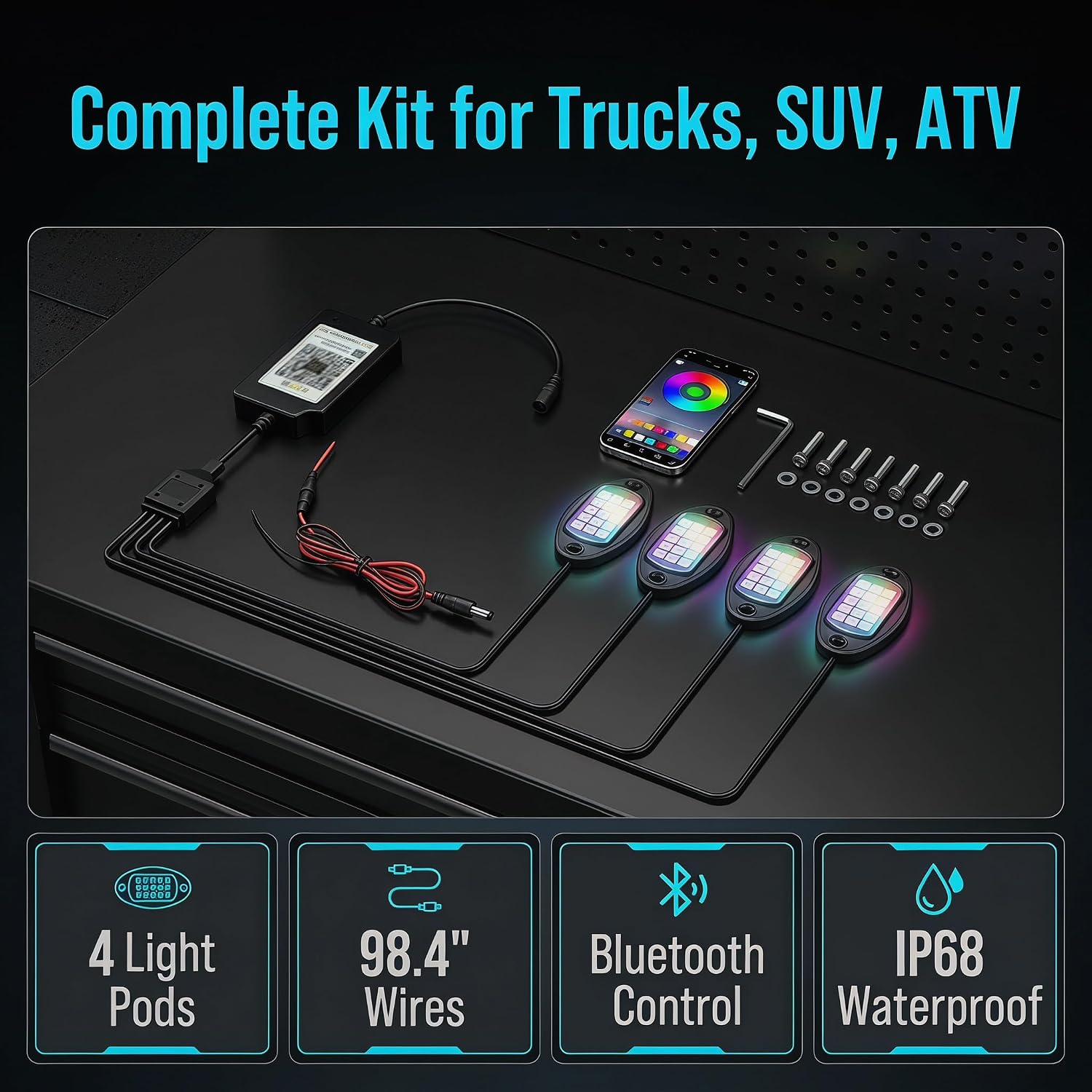 4 Pods RGB LED Rock Lights, High Brightness Underglow Multicolor Neon Light Kit, DC 12V Vehicle Accent Underbody Light with APP Control & Music Mode, Fit for ATV RZR UTV SUV Off Road Car