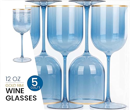 Miniatura 5 de Copa de vino azul con borde dorado, juego de 10 copas de vino de plástico duro en tallo 12 onzas