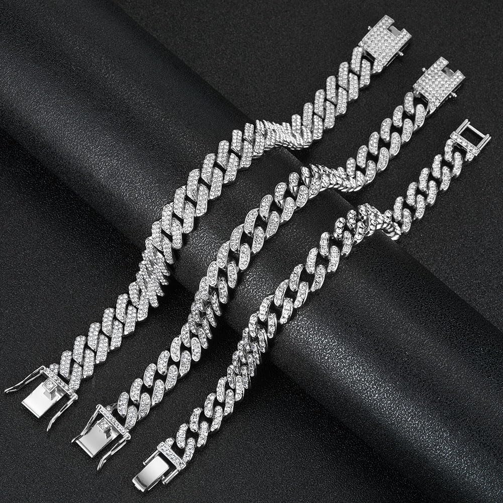 Tobilleras de oro y plata para mujer, tobilleras de eslabones cubanos de talla grande, tobillera de eslabones en capas, juego de tobilleras con diamantes de imitación, joyería de oro y plata 8