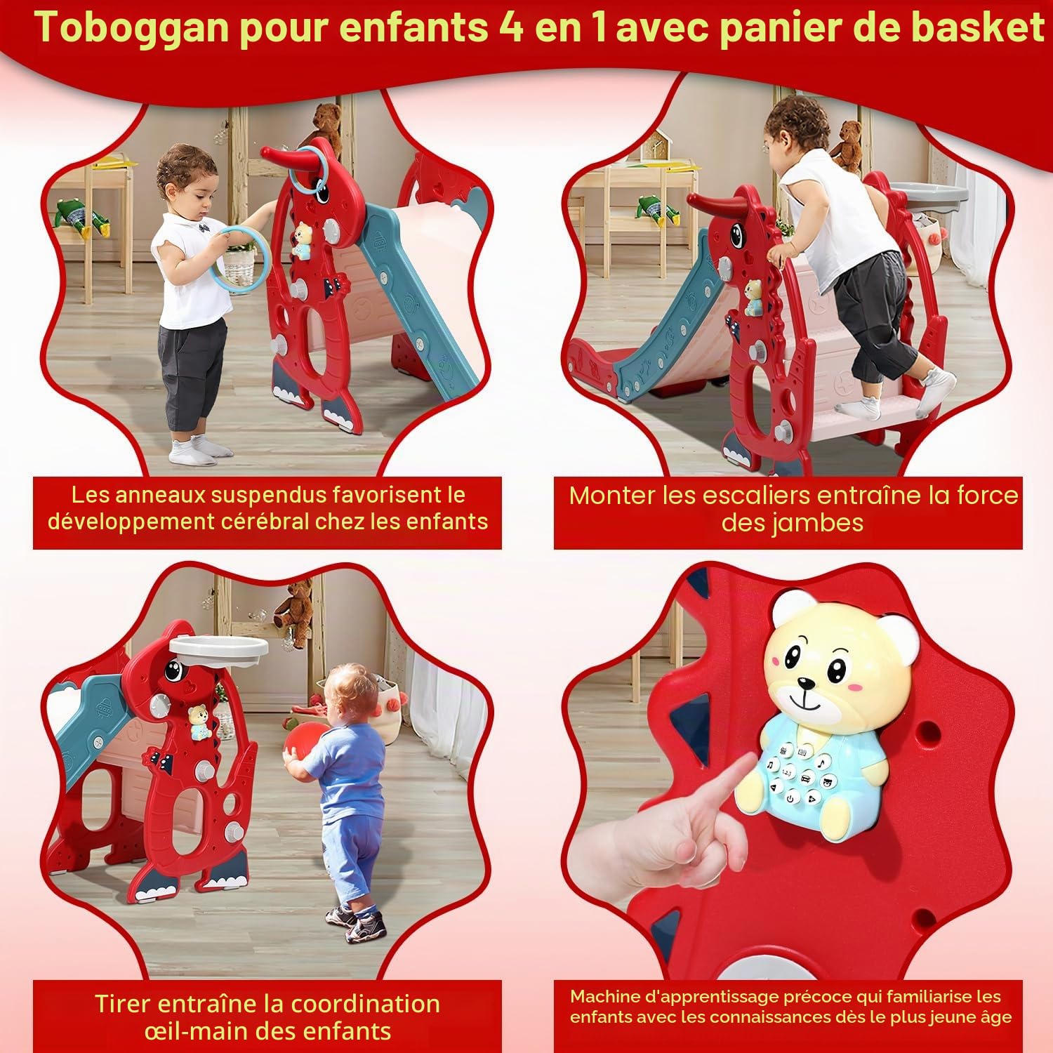 Toboggan 4 en 1 pour enfant d'intérieur avec panier de basket-ball et machine d'apprentissage, toboggan pour enfants intérieur et extérieur, 145 x 38 x 67 cm, jusqu'à 35 kg, rouge