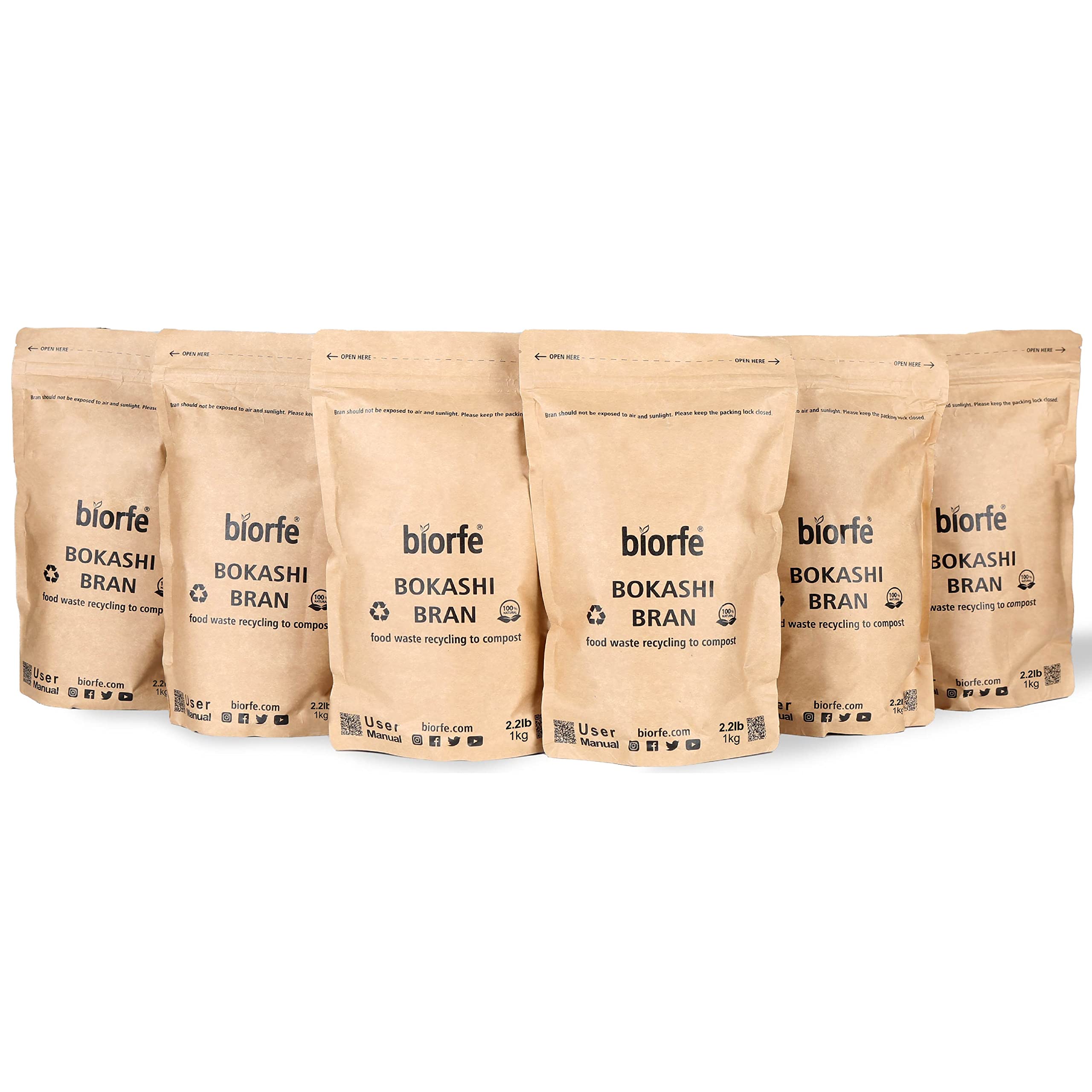 biorfePremium Bokashi Bran 6-Pack (2.2 lbs each) All-Season Organic Compost Starter - Quick & Easy Kitchen Composting with Odor Eliminator - Dry Bran for Kitchen Compost Bins with Compost Accelerator