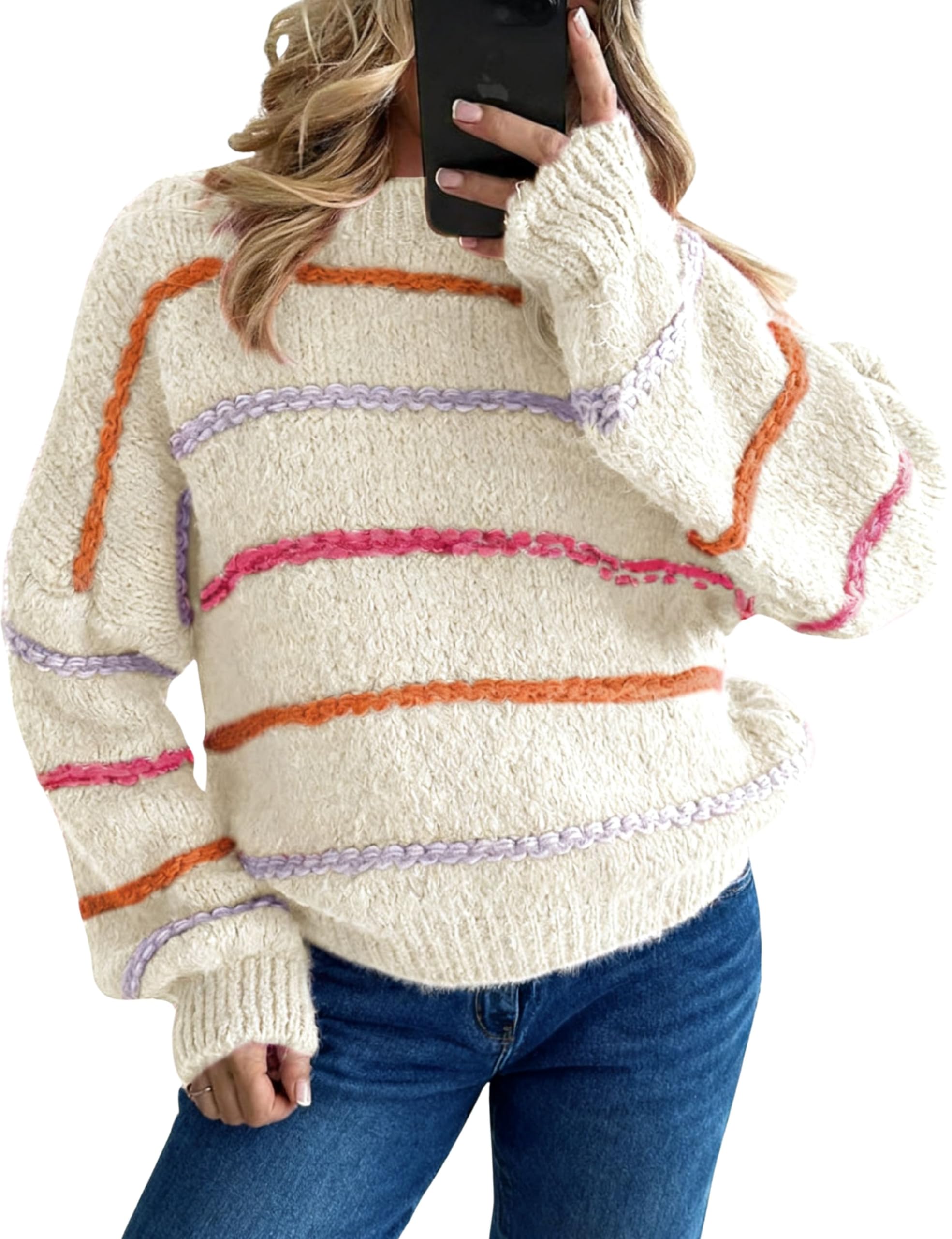 QIBABU Womens Striped Sweaters Casual Lantern Sleeve Color Block Knit Pullover Sweater Tops