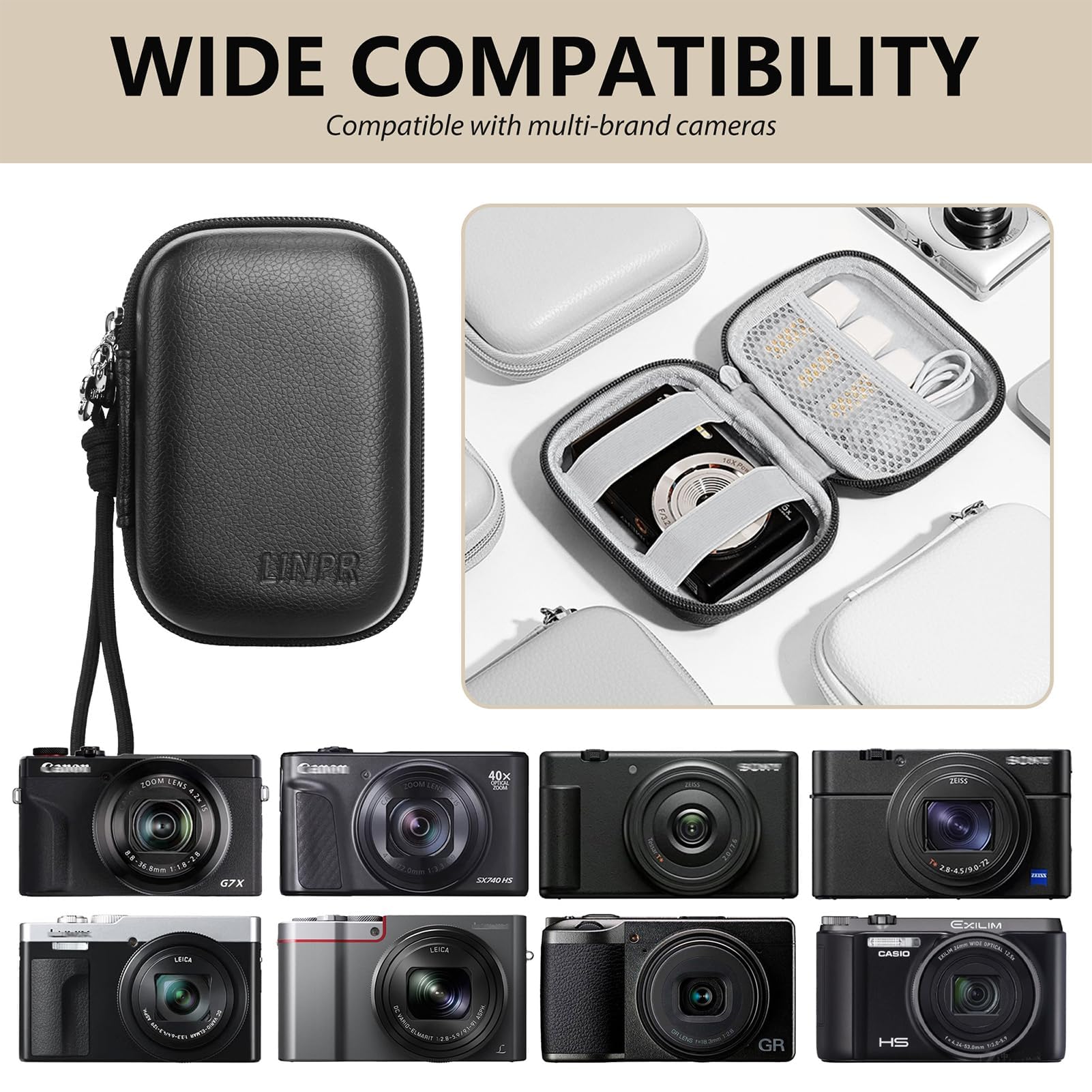 Digitalkamera Tasche für Canon Powershot G7X Mark III/ SX740/ Sony ZV-1/ RX100 VII/Panasonic ZS99/ LUMIX TZ100, Aufbewahrungsbox für Kompaktkameras mit Trageband (Schwarz)