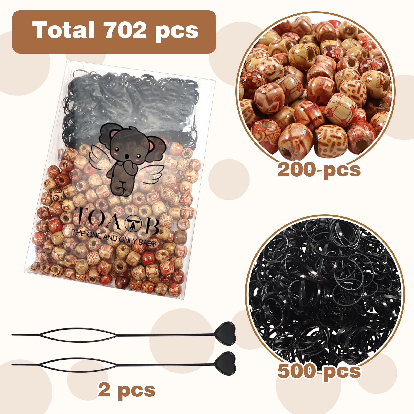 TOAOB 702pcs Wooden Hair Beads Set Including 200pcs Different Drawing Styles Barrel Wood Beads and 500pcs Black Elastic Rubber Bands with 2pcs Quick Beader for DIY Jewelry Making Hair Accessories - Image 3