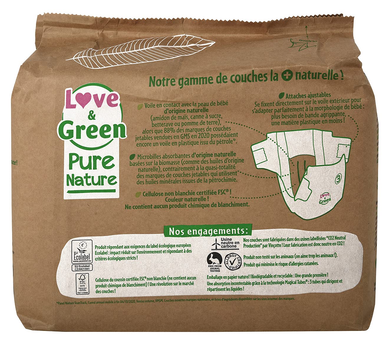 Love & Green Pure Nature Pañales Ecológicos sin Blanquear, Talla 3 (4-9 kg), pack de 6 x 42 pañales