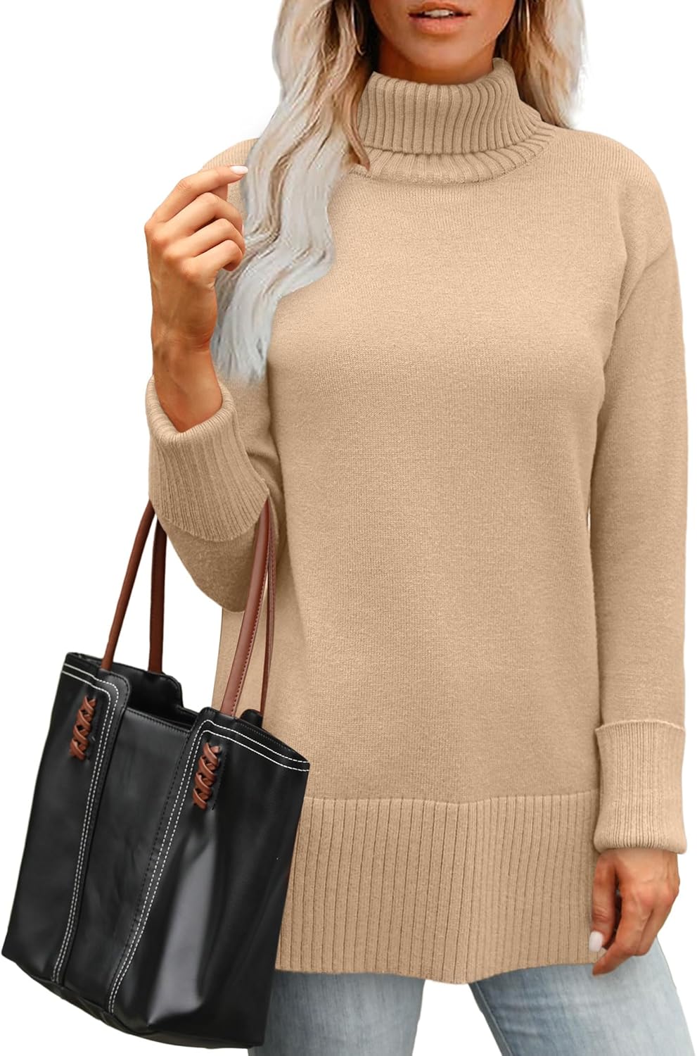 Glanzition Sweaters for Women Turtleneck Side Split Oversized Pullover Tops