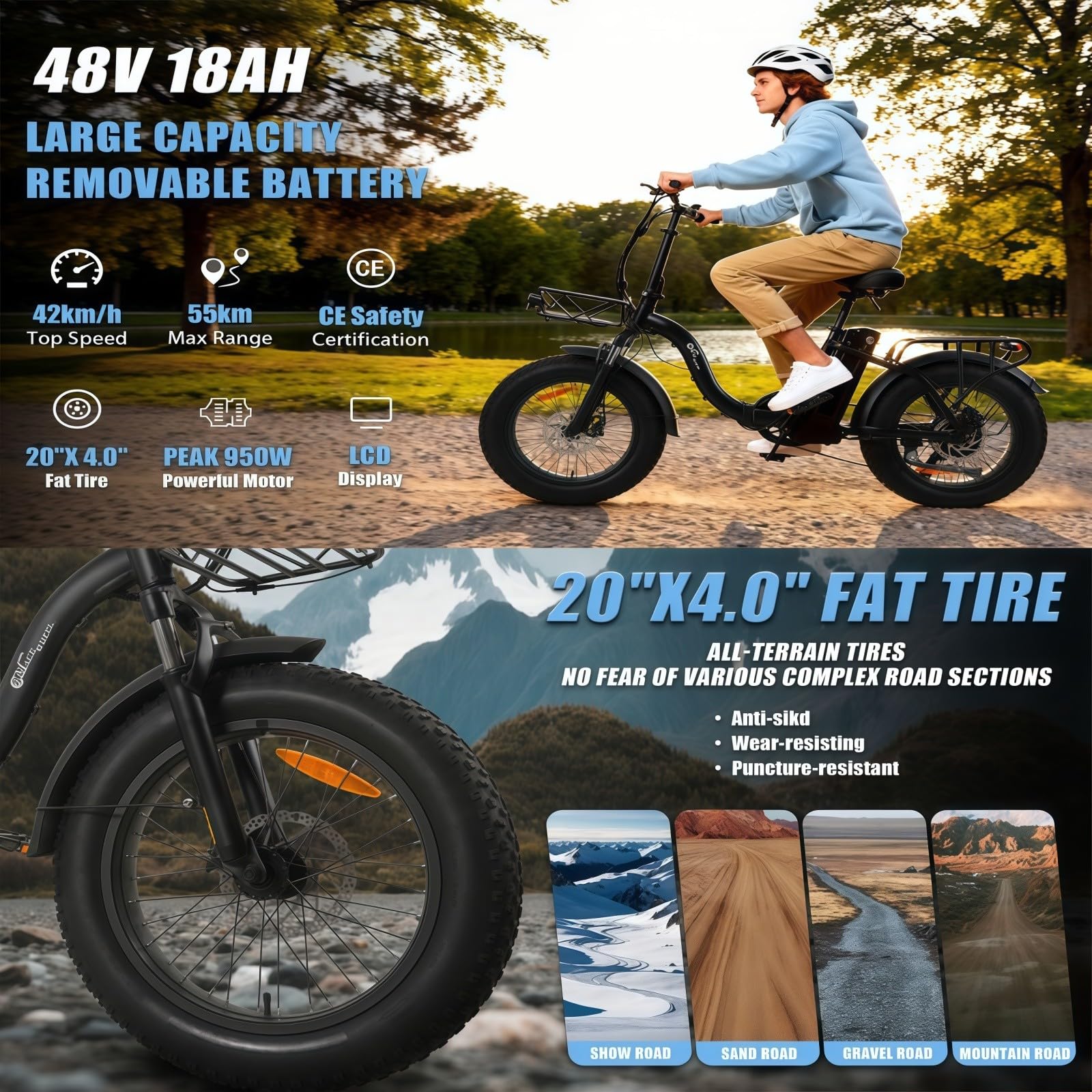 Vélo Électrique Pliant 20 Pouces, VTT Électrique, avec Batterie Amovible 48 V, 7 Vitesses, 3 Modes De Conduite, Moteur sans Balais 250 W, pour Les Trajets Quotidiens.
