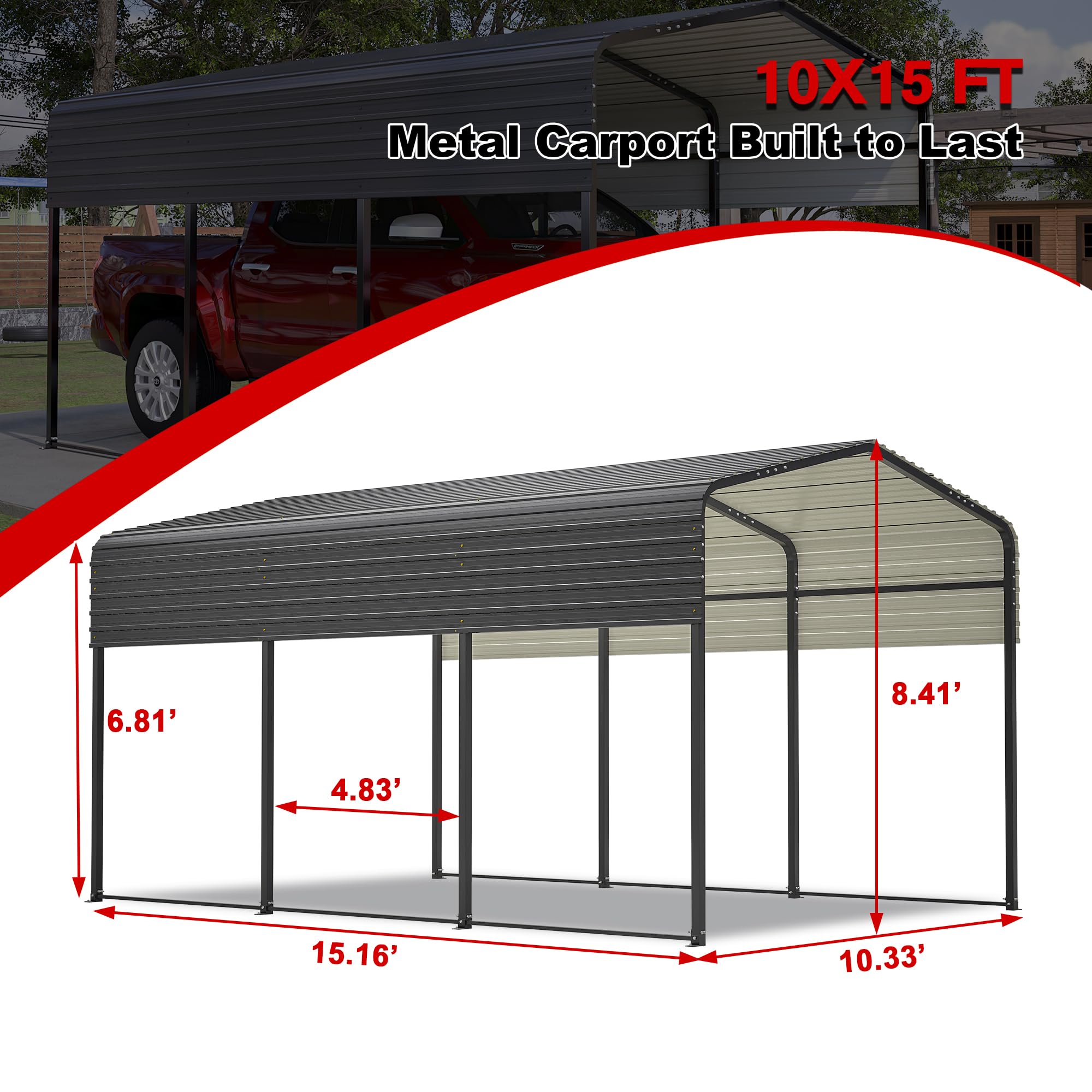 ESPIDOO 10x15 Metal Carport: Heavy Duty Galvanized Vehicle Shelter for Cars, Boats & Trucks - UV Resistant Outdoor Garage with Enhanced Base for Homeowners & DIY Enthusiasts