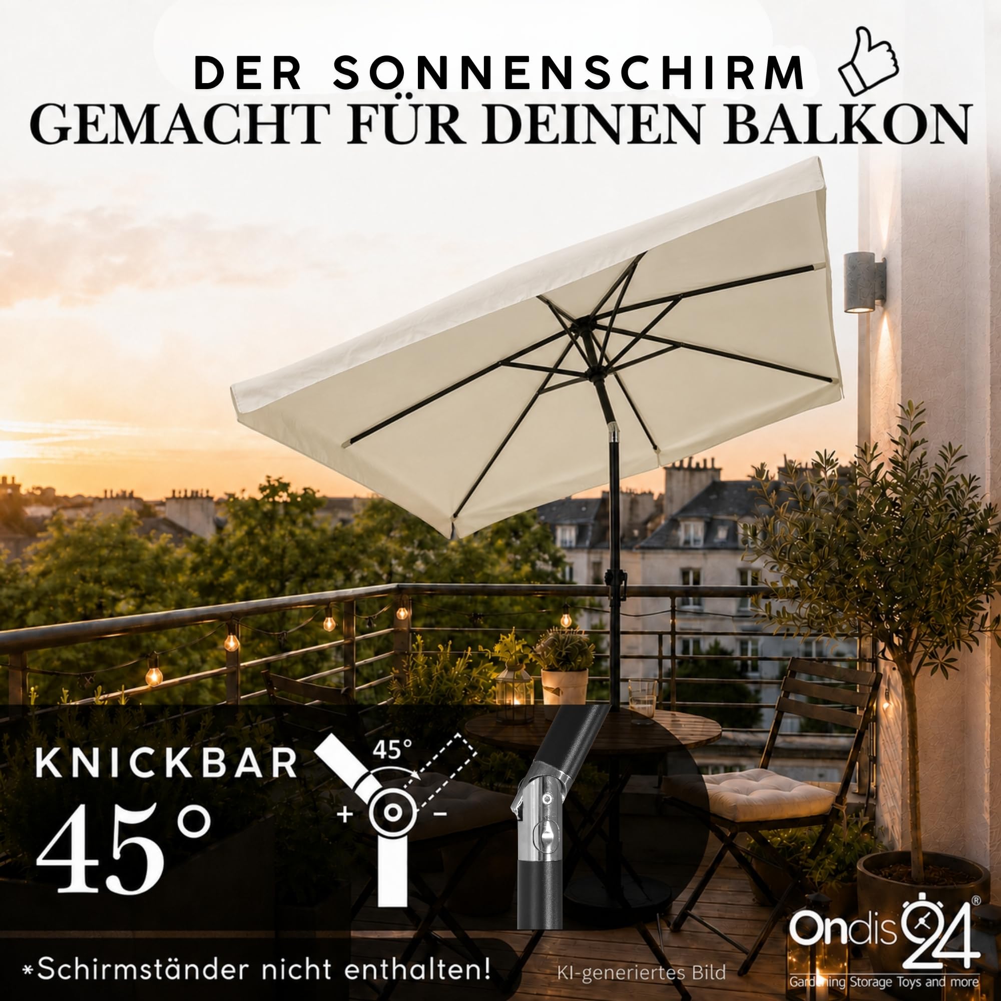 Ondis24 Marktschirm 3x2 Meter Sonnenschirm rechteckig mit Volant, Knick-Gelenk, Kurbel, Gestell aus Stahl, UV 50 (Beige)