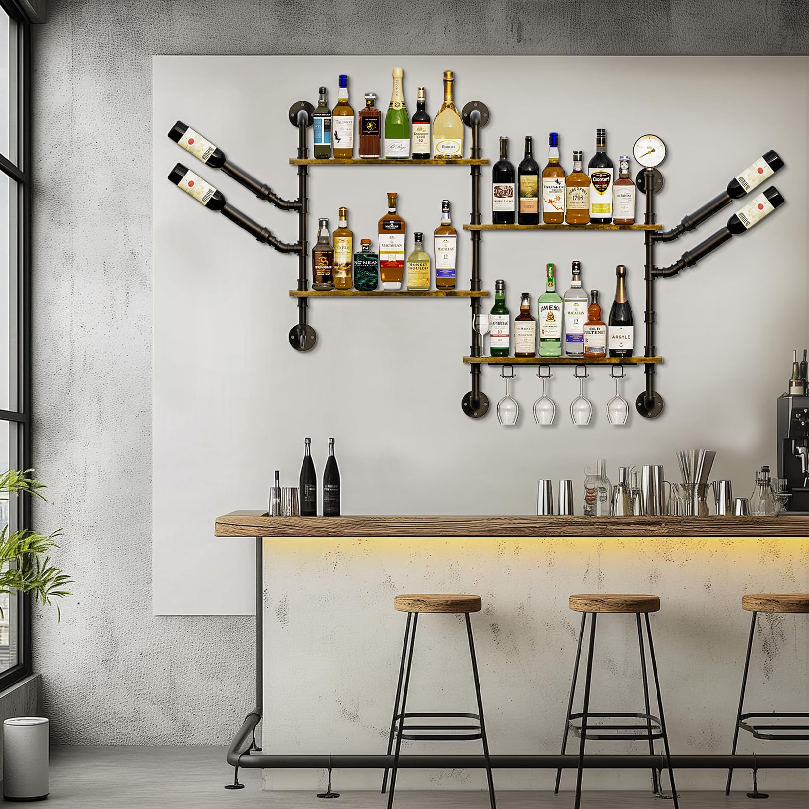 unho Botellero de Pared Industrial Grande de Metal: Estante de Vino Flotante Decorativo de 4 Niveles Esquinero de Botellas Especias para Cocina Hogar Bar Hotel 120x20x108cm
