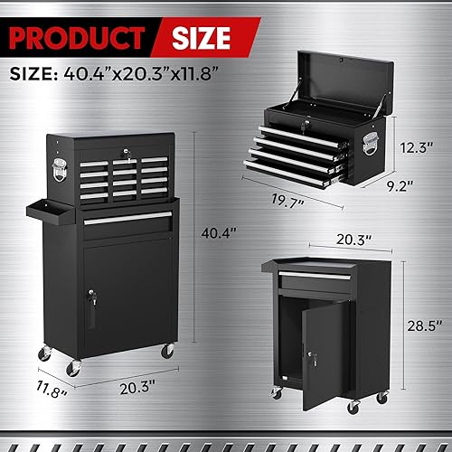 Miniatura 3 de INTERGREAT Caja de herramientas con ruedas y 5 cajones, armario de herramientas desmontable con cerradura para garaje, carrito de herramientas