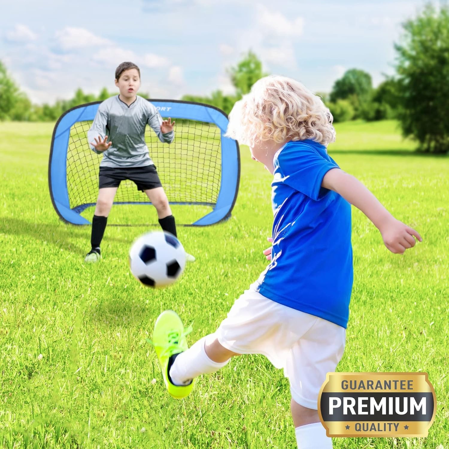 2er Set Tragbares Fussball Popup Tor - 120 x 80 x 80 cm - Fußballtor für Garten - Mit Tragetasche und Befestigungspins