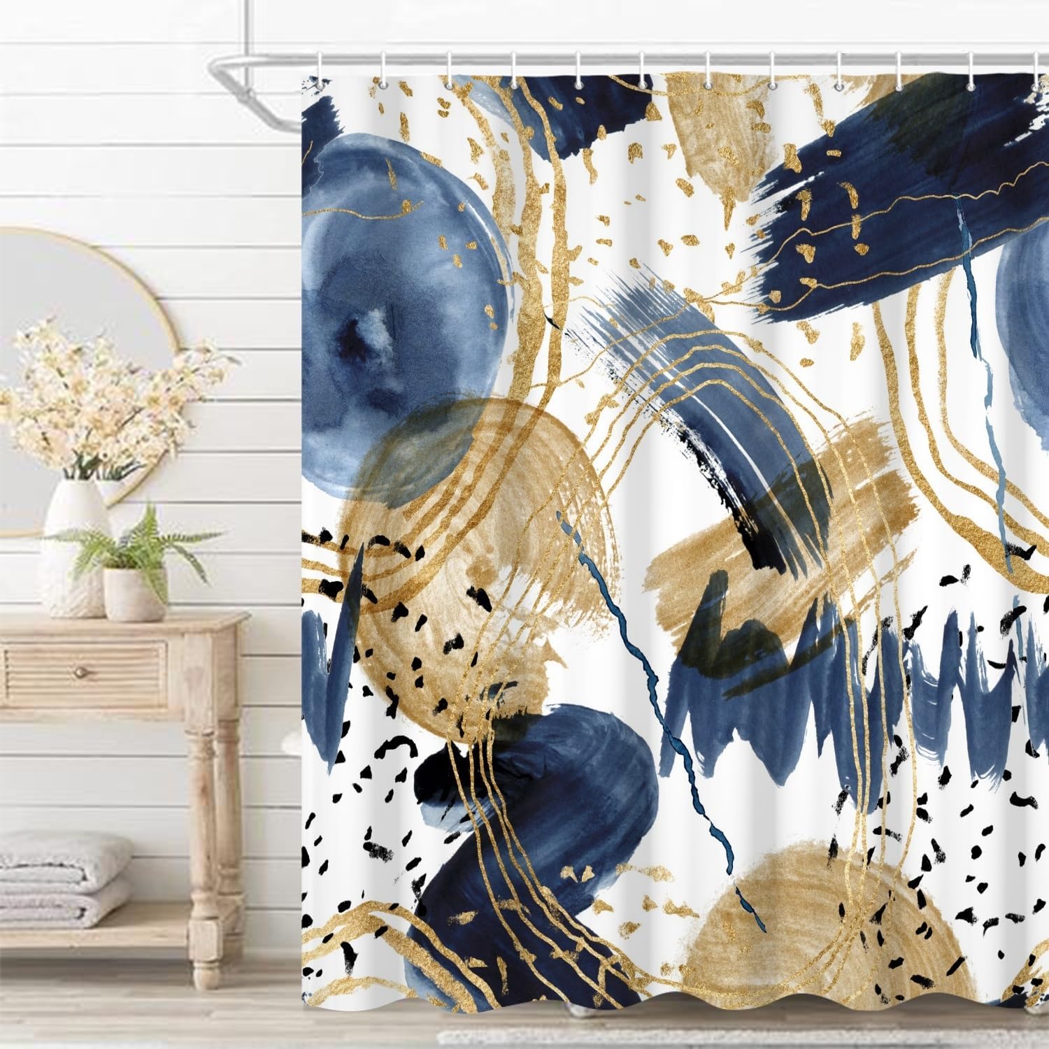 Abstract Boho Shower Curtain 72x96 Inch Watercolor Blue and Gold Geometric Pattern Bath Curtains Waterproof Polyester Fabric for Modern Minimalist Bathroom Decor Set with Hooks