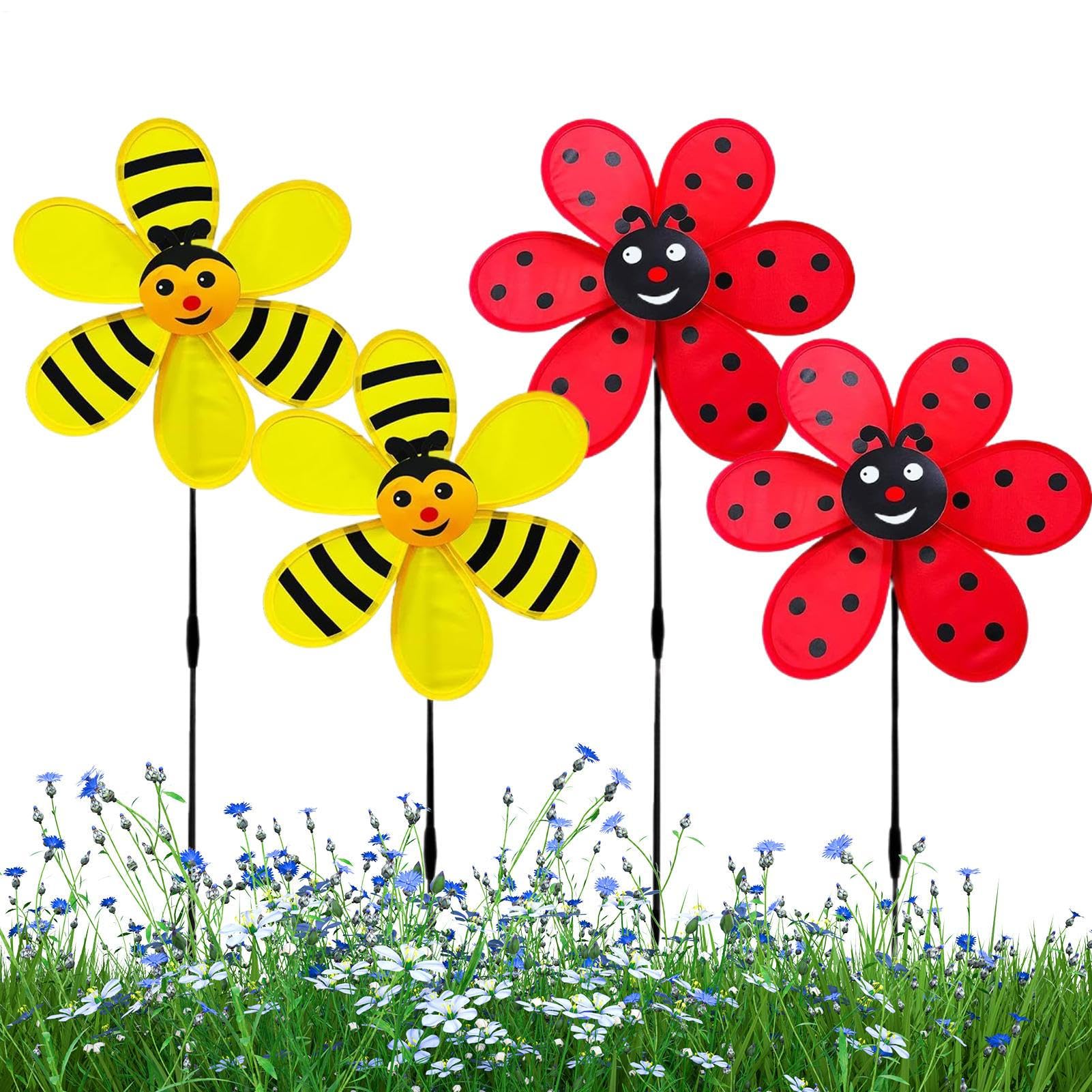 Garden Wind Spinners, Set of 4 Bee and Ladybird Windmill, Colorful Animal-Themed Pinwheels, Weather-Resistant Windmill Spinners for Garden Balcony Patio Yard Outdoor Lawn Decoration