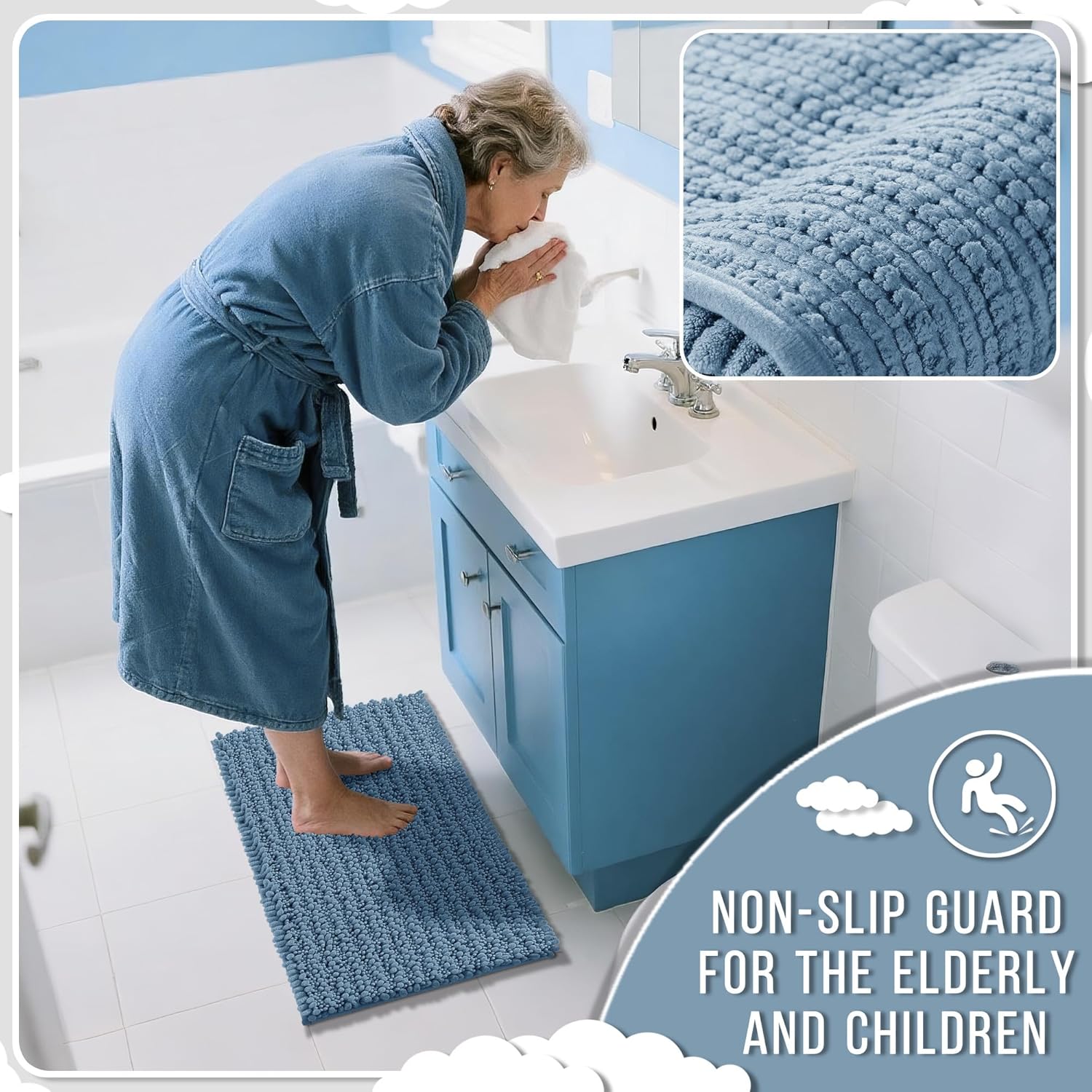 Yimobra Bathroom Rugs Sets 2 Piece - Quick Dry Extra Thick Luxury Chenille Bath Mat, Non Slip Super Absorbent for Tub Shower Sink, Machine Washable Shaggy Floor Mat, 32"x20"+24"x17" Inch, Denim Blue