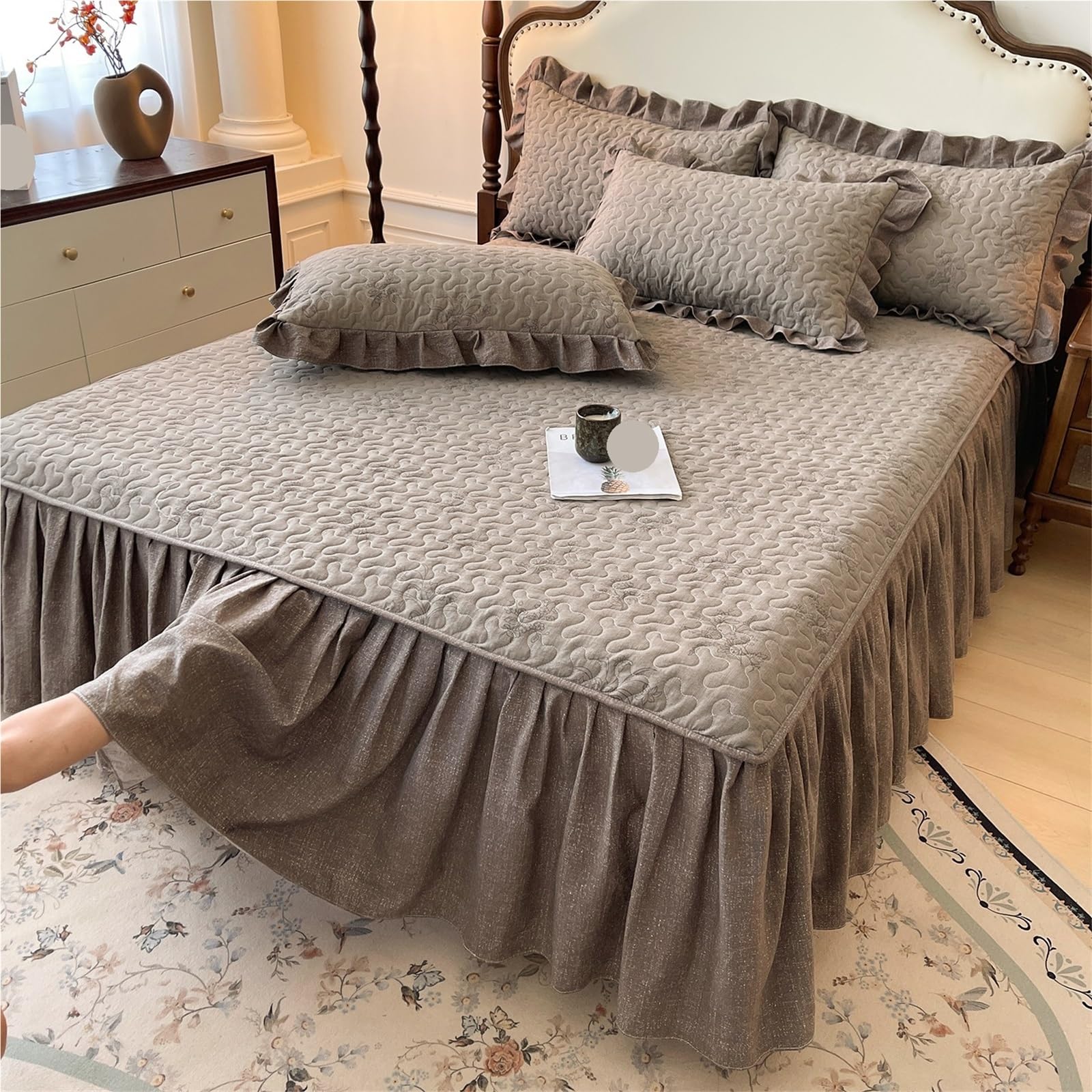 1pc Soft Bed Skirt Thicken Bedspread Ruffles Cover Plant Print Linen For Home Falda De Cama (No Pillowcase)(D,Queen 150x200cm 1pc)
